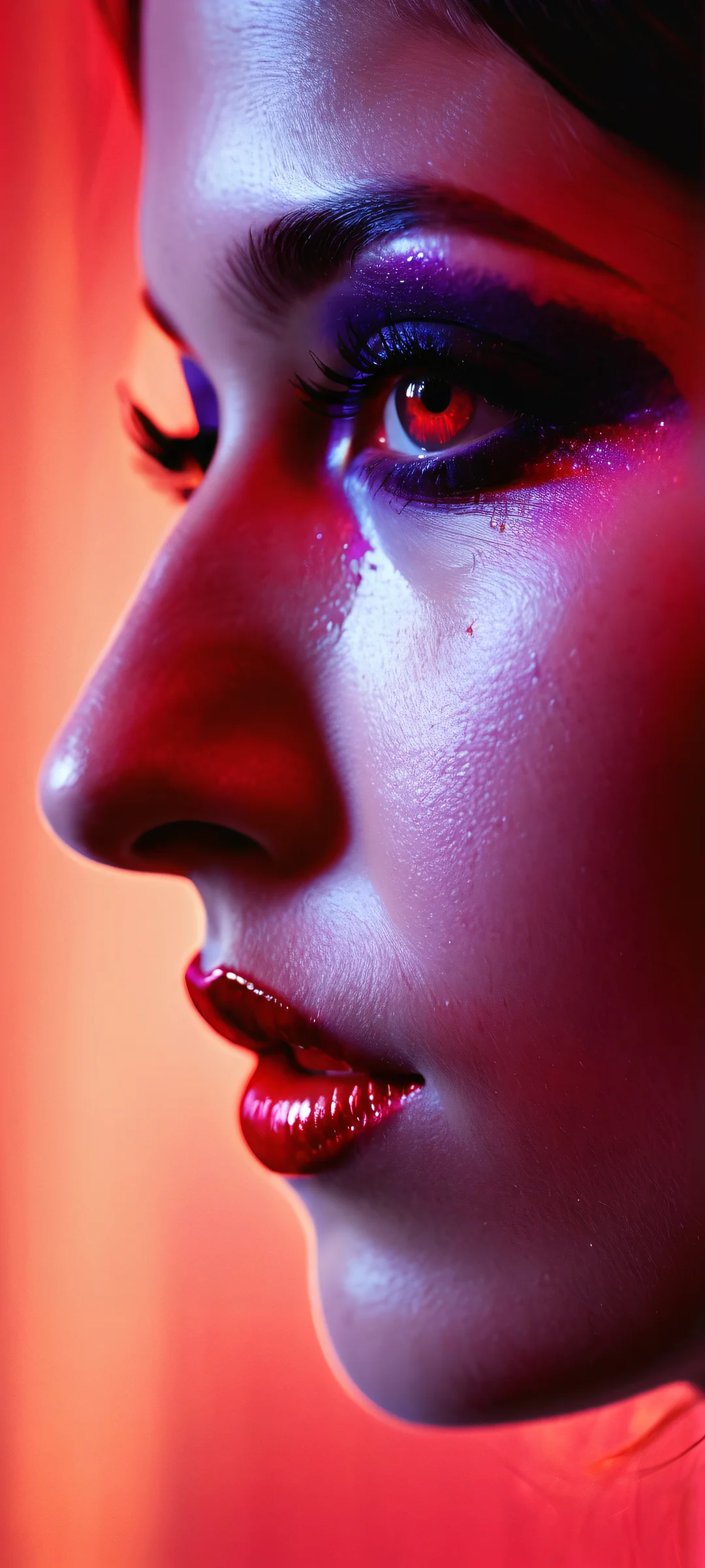 iPhone/Android compatible glitch art wallpaper featuring a stunning silhouette portrait with colorful gel lights and intricate micro-details.