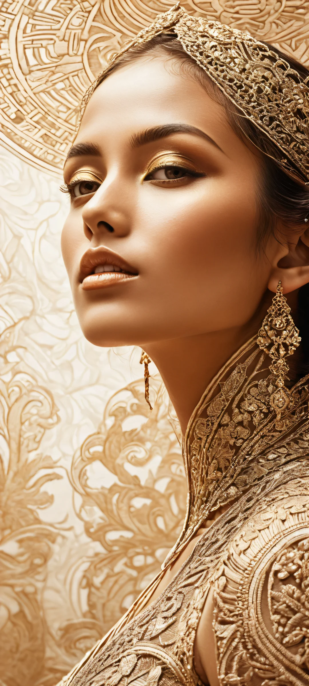 A breathtaking vertical portrait artwork of Intricate Linework with Expressive Contrasts placed in the lower-middle on a rice paper background, perfectly blending with the subject for iPhone/Android.