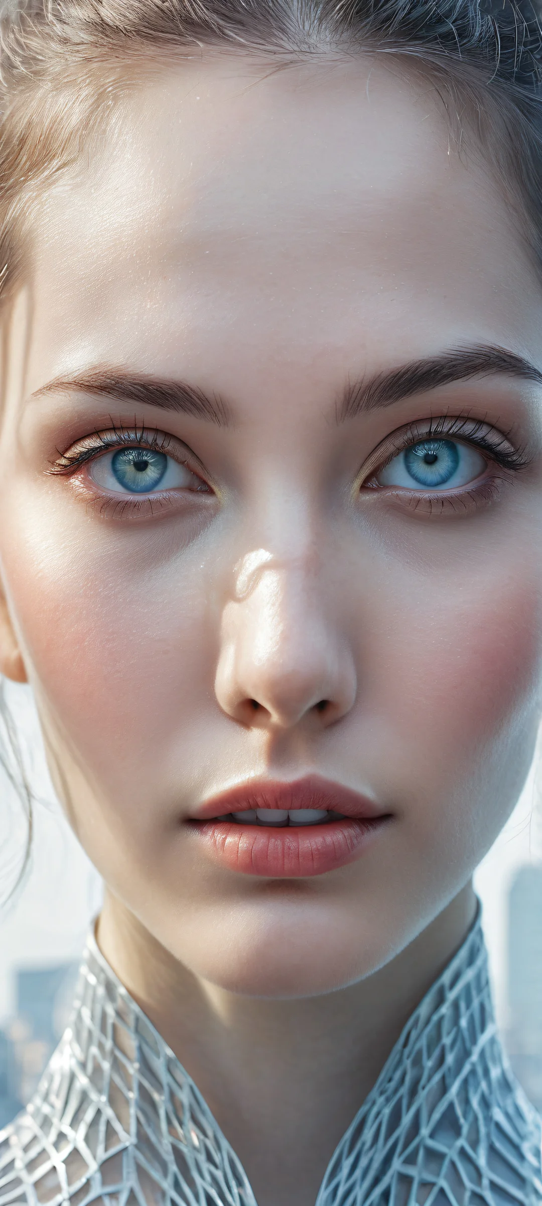 A stunning female portrait with micro-details and a breathtaking cityscape in the background, perfectly optimized for iPhone/Android home screens.