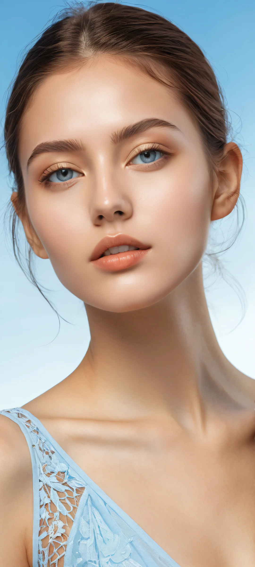 A young woman with intricate details and relaxed pose, against a pure void background on iPhone/Android