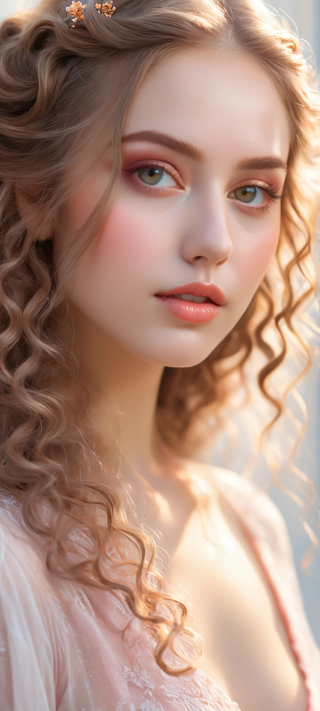 A stunning girl with long hair and intricate curls against a clean background, perfect for iPhone/Android.