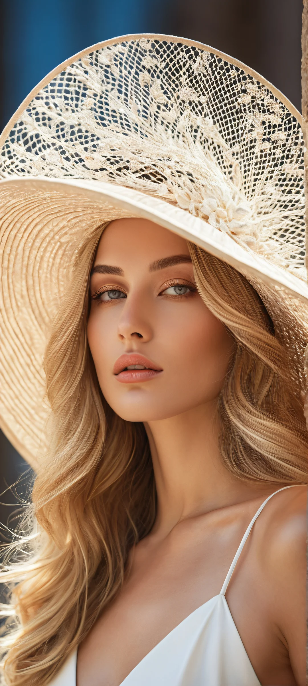 iPhone and Android users will love this breathtaking portrait of a blonde-haired model with intricate micro-details, wearing a gigantic hat, against a clean and empty background. Perfectly optimized for your mobile home screen.