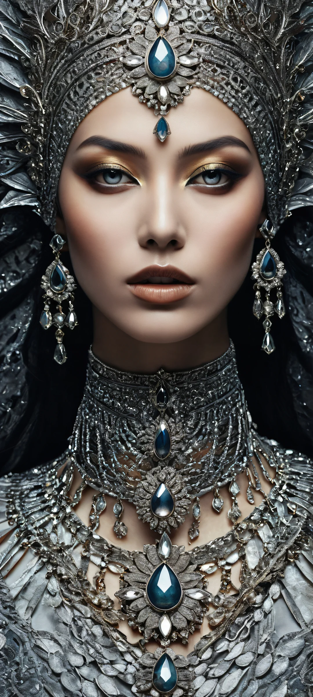 Mystical woman's face with intricate jewelry and textures on a pure void background for iPhone/Android home screen