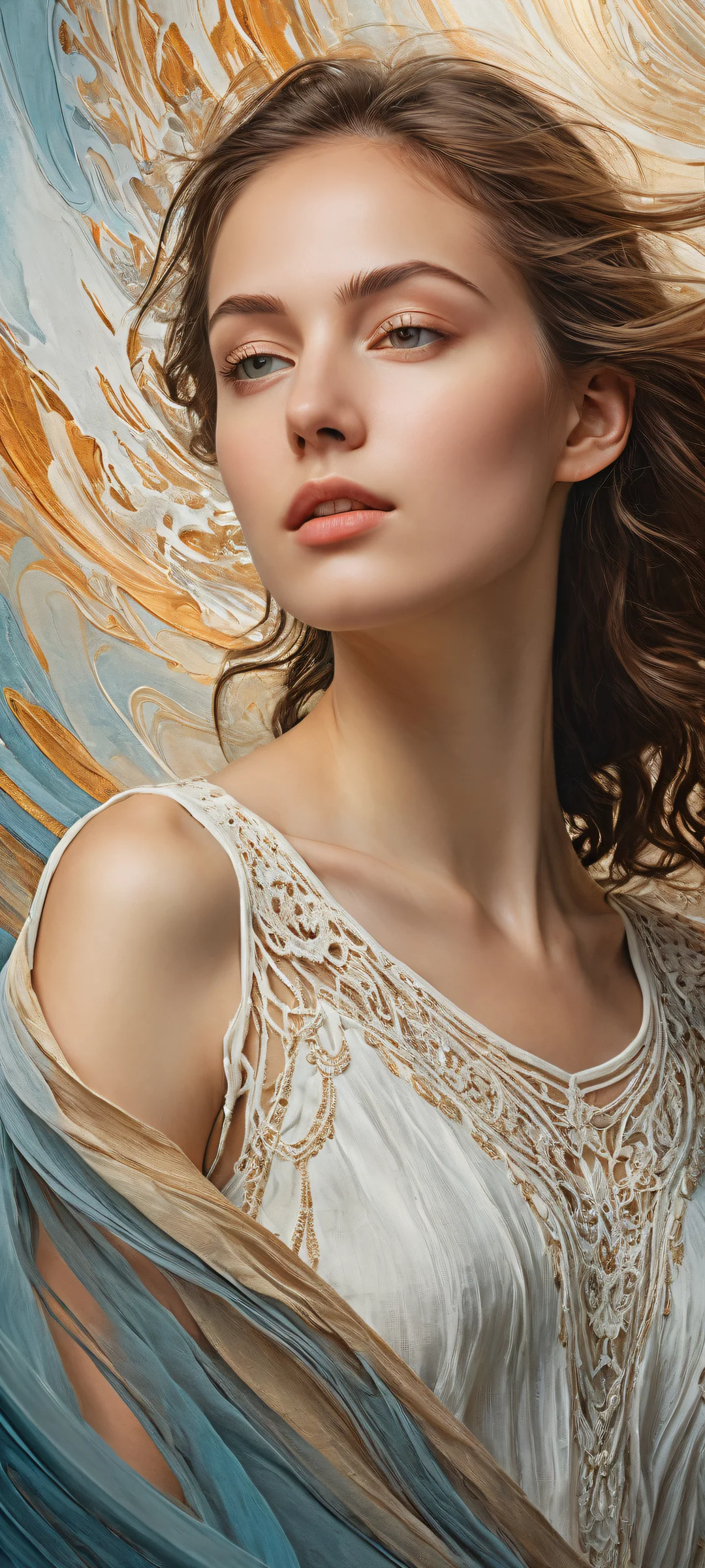 Stunning portrait of a youthful woman on iPhone/Android wallpaper with intricate micro-details and ethereal lighting.