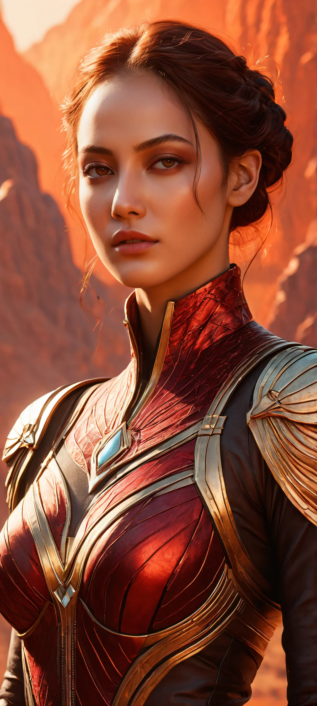 A stunning portrait of a woman wearing brown gloves with a hint of crimson, set against an 8K resolution landscape featuring intricate details and textures. Perfect for iPhone or Android home screens.