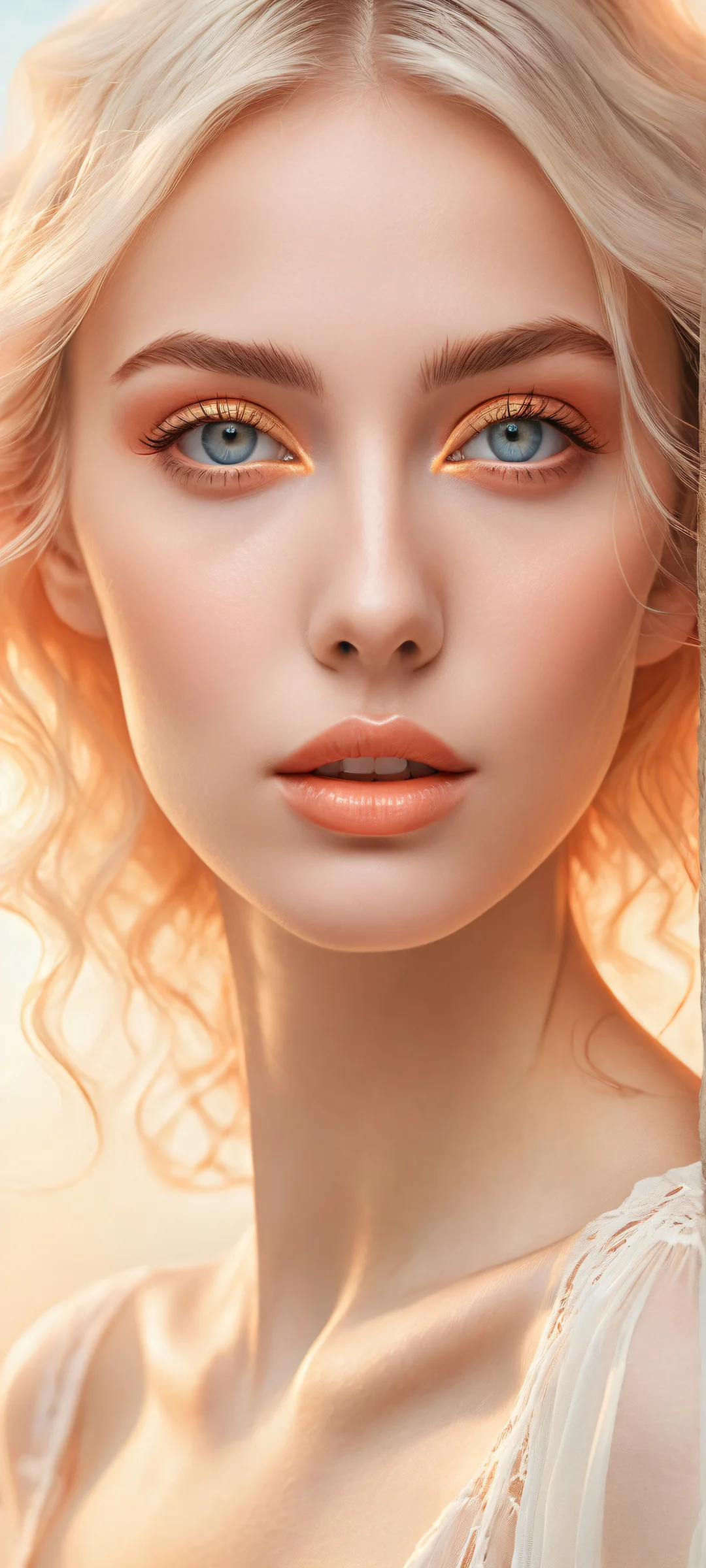 A stunning portrait of a beautiful face on iPhone/Android, with radiant colors and ray-traced reflections.