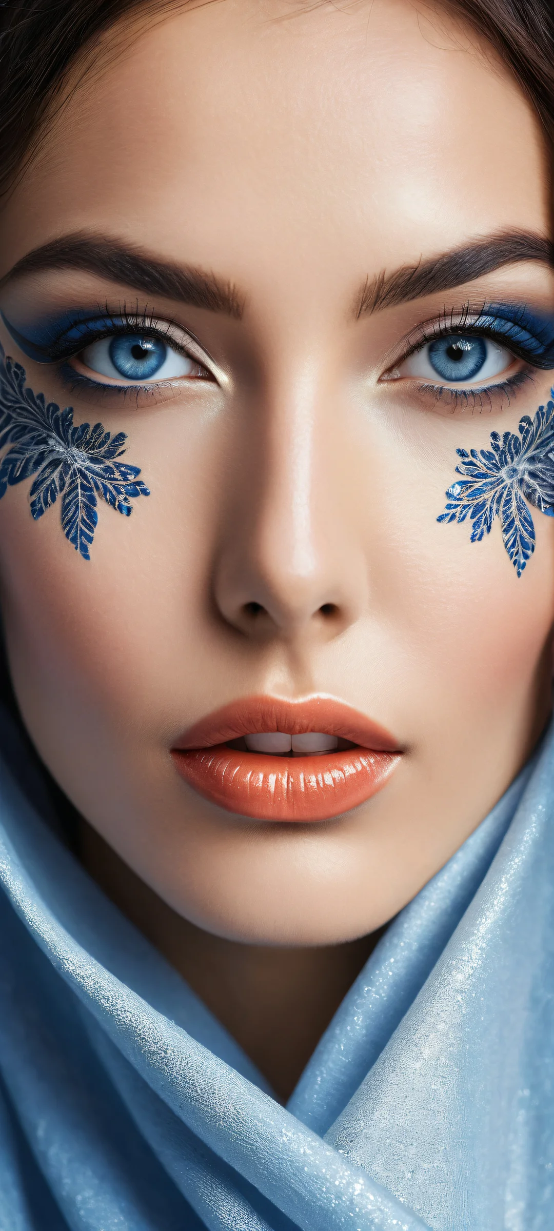 A stunning vertical portrait artwork of a face with intricate patterns on iPhone/Android home screens.