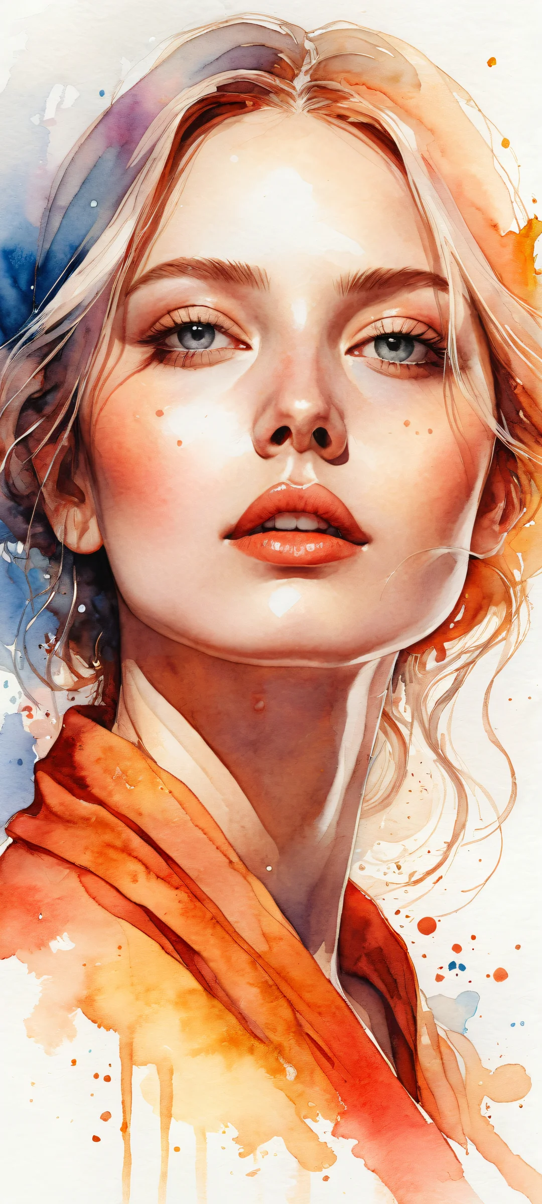 A beautiful iPhone/Android wallpaper featuring a resplendent portrait with intricate details, set against a vibrant watercolor background, perfect for customizing your home screen.