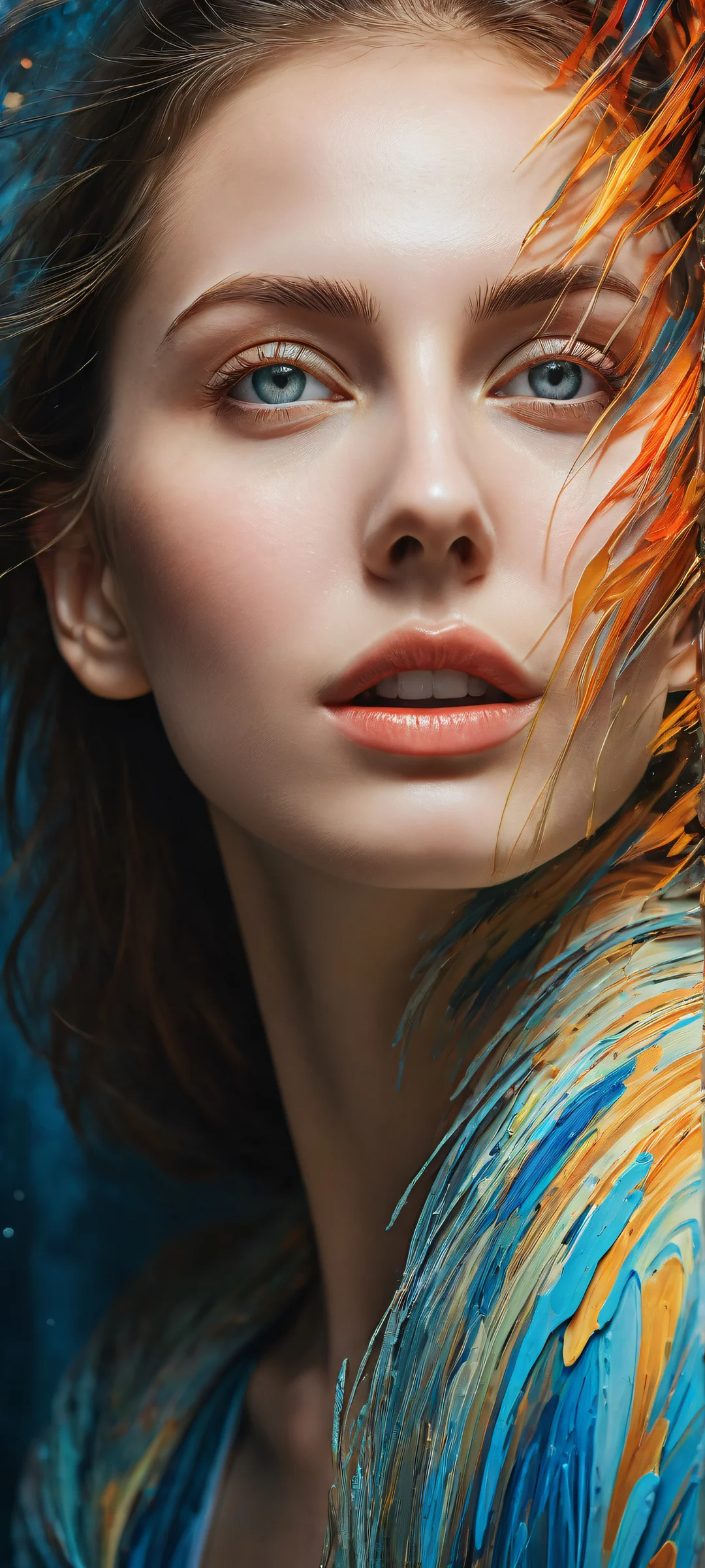 A stunning iPhone/Android portrait wallpaper featuring a young woman amidst an abstract void background with intricate details and radiant colors.