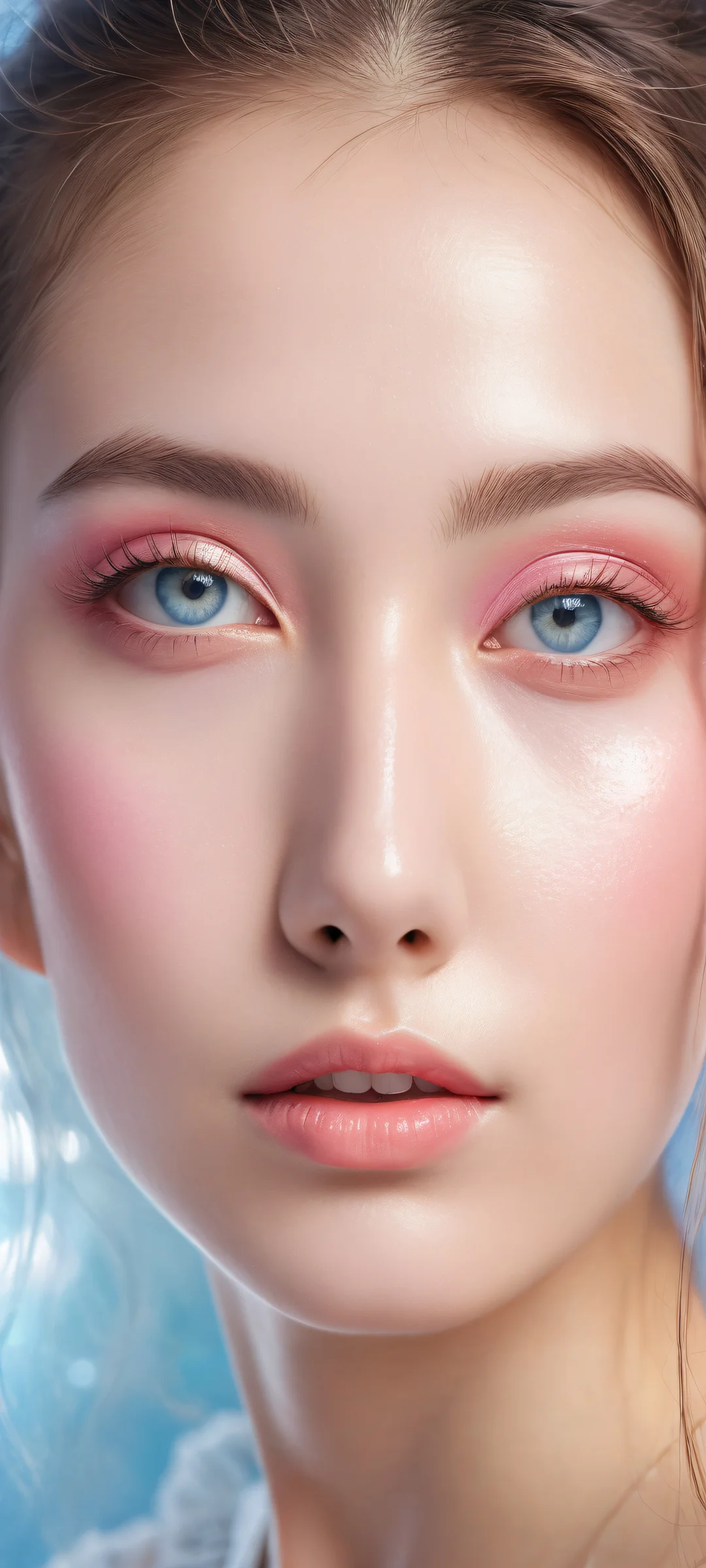 A serene kawaii girl portrait on a void background, perfectly optimized for iPhone and Android mobile devices. Ray-traced reflections shimmer in brilliant colors.