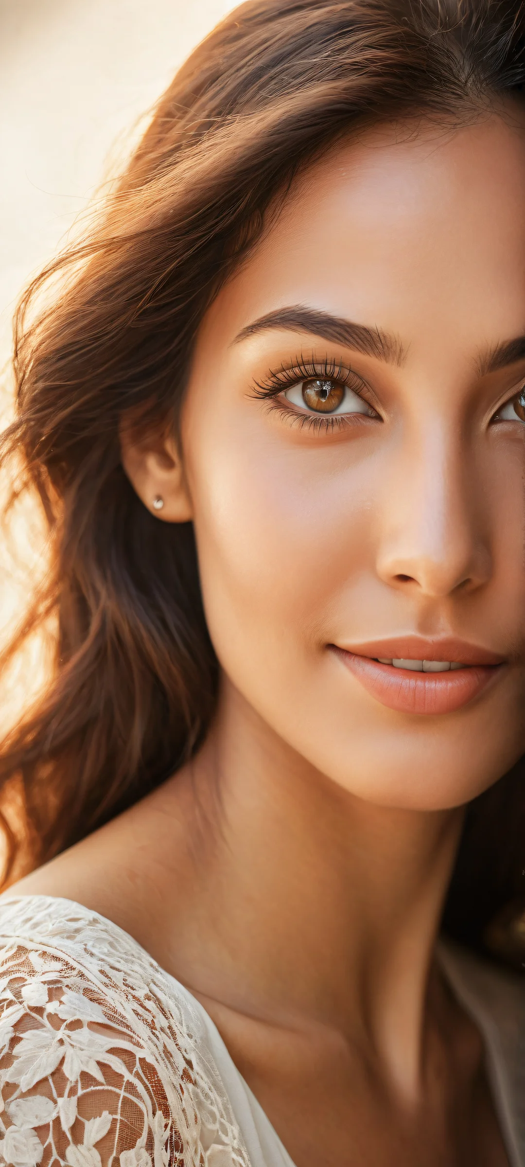 Captivating woman with long eyelashes and warm smile. iPhone/Android compatible.