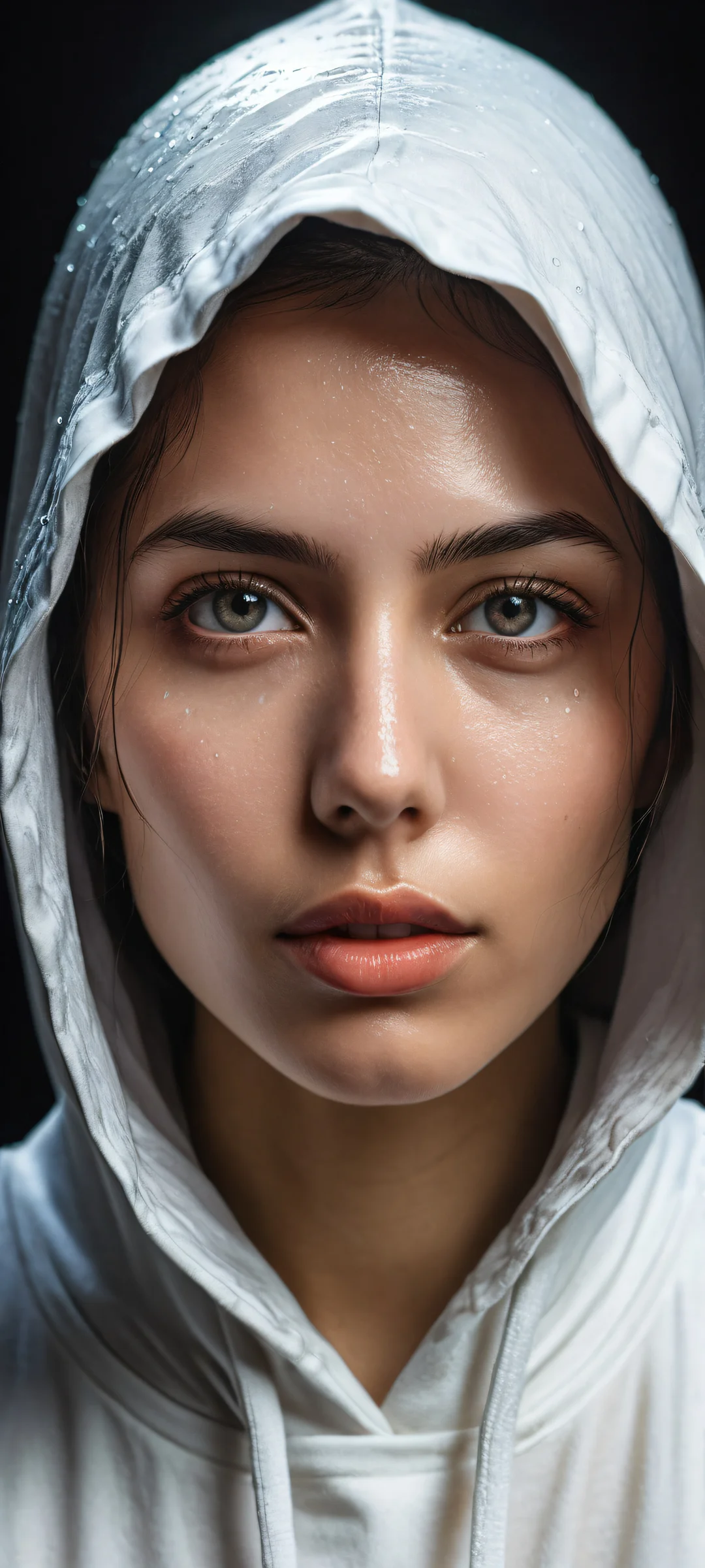 A young woman with sparkling tears and delicate folds, set against a dark background with subtle hints of figures in the distance. Parfait pour les écrans d'accueil iPhone/Android.