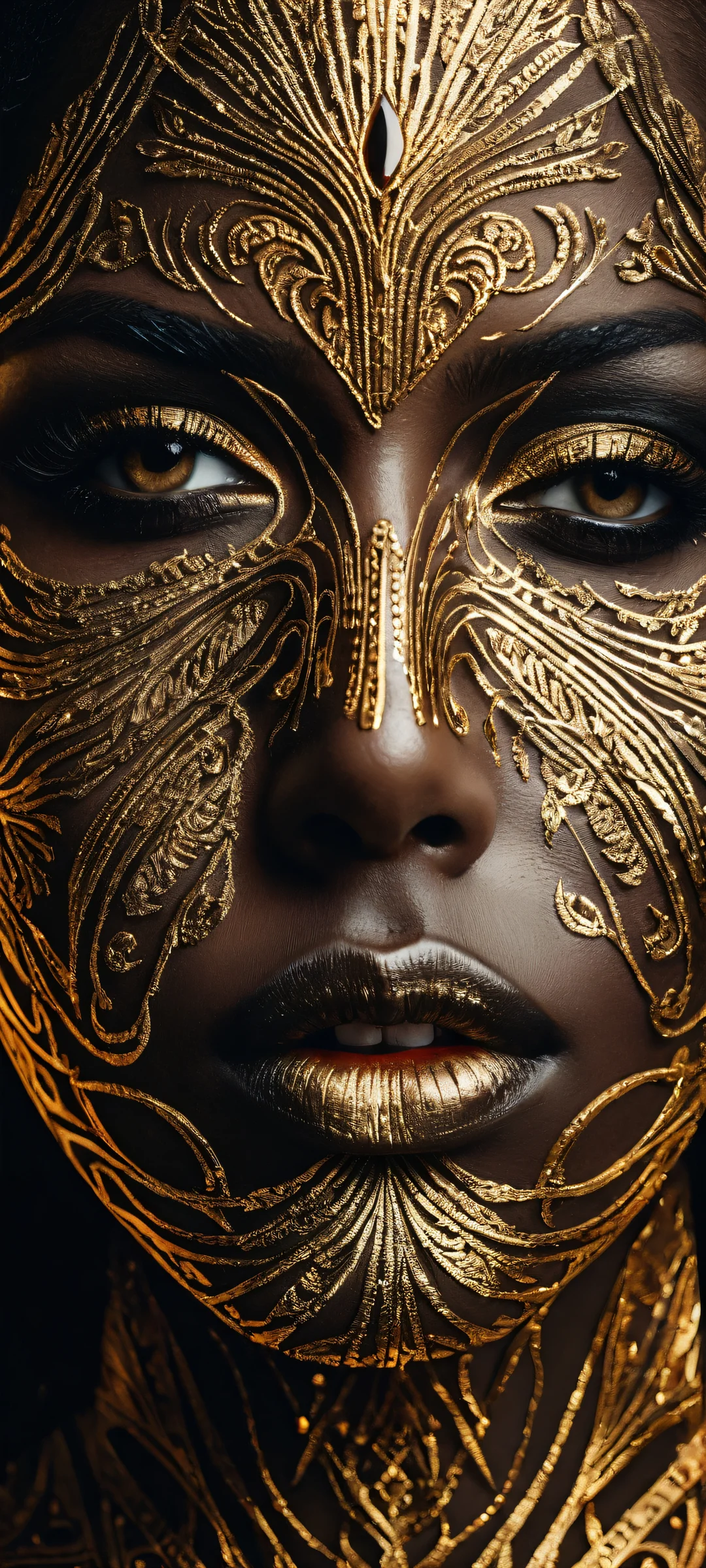 Stunning human face portrait with intricate details and seamless void background, iPhone/Androidのホーム画面に完全に最適化.