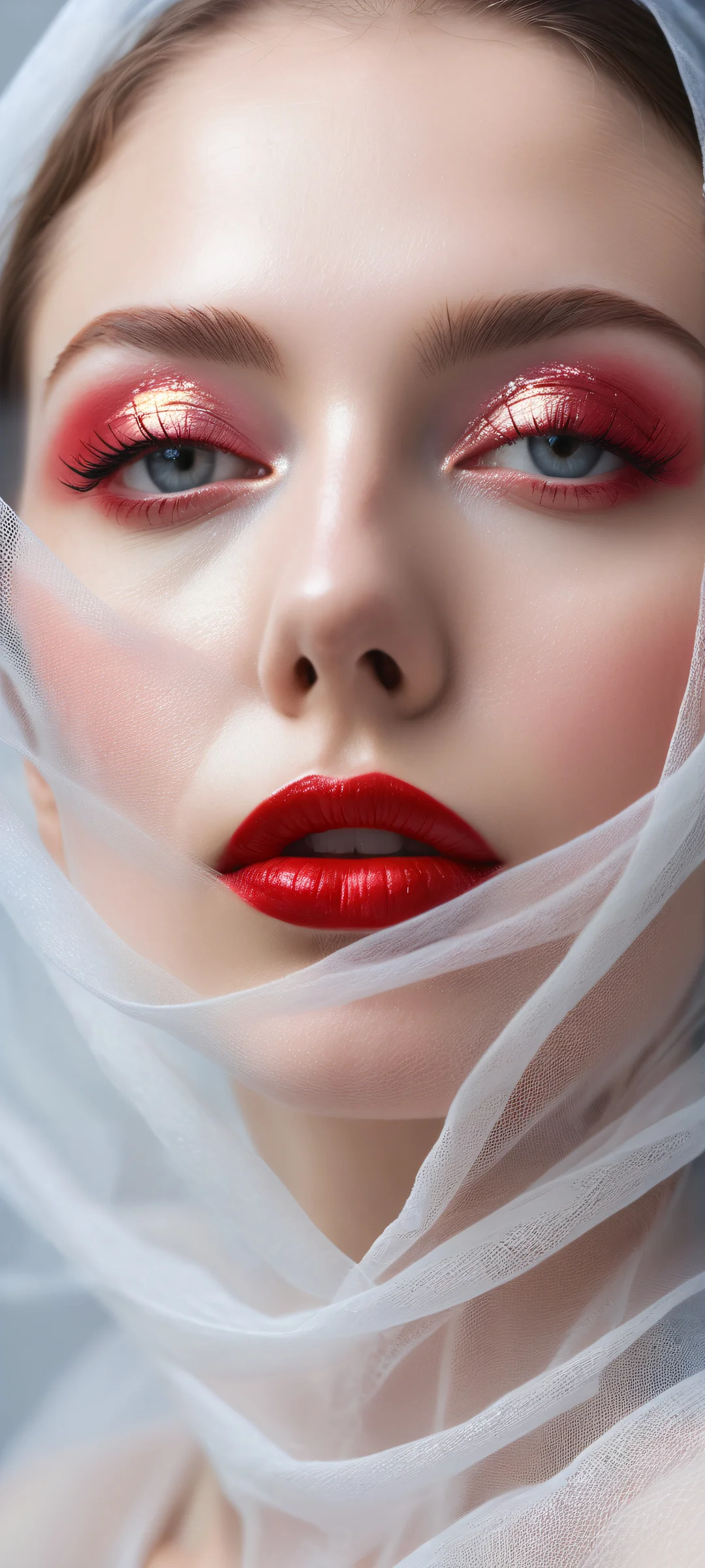Ethereal Portrait Aesthetic Phone Wallpaper A woman's face partially obscured by transparent fabric with sharp red lipstick and intricate details. Perfect for iPhone/Android home screens.