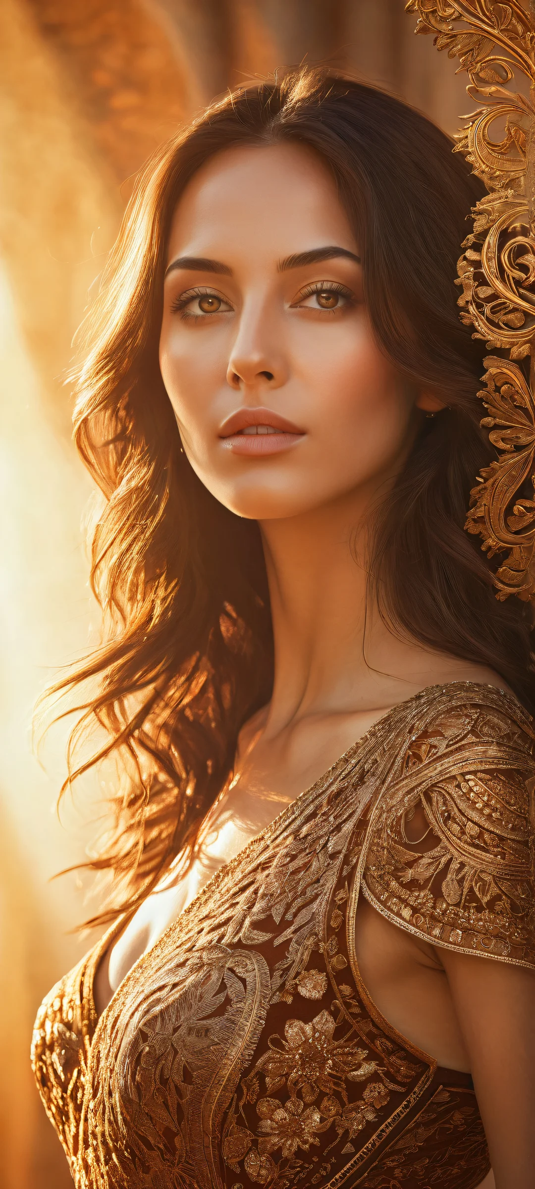 Portrait of a brunette woman in the lower-middle with intricate micro-details. Perfectly clean and empty top half with vast pure void, fading to depth.