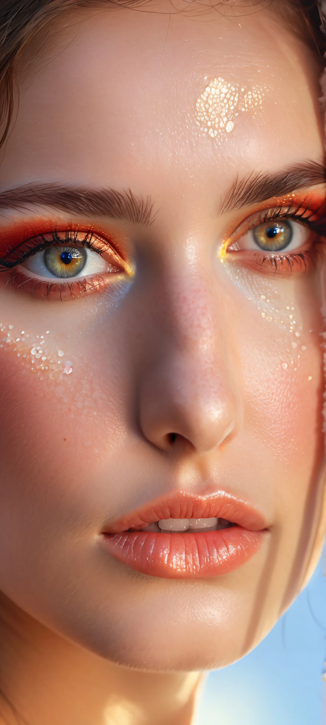 A beautiful face with intricate micro-details placed in the lower-middle of a stunning portrait, perfect for iPhone/Android home screens.