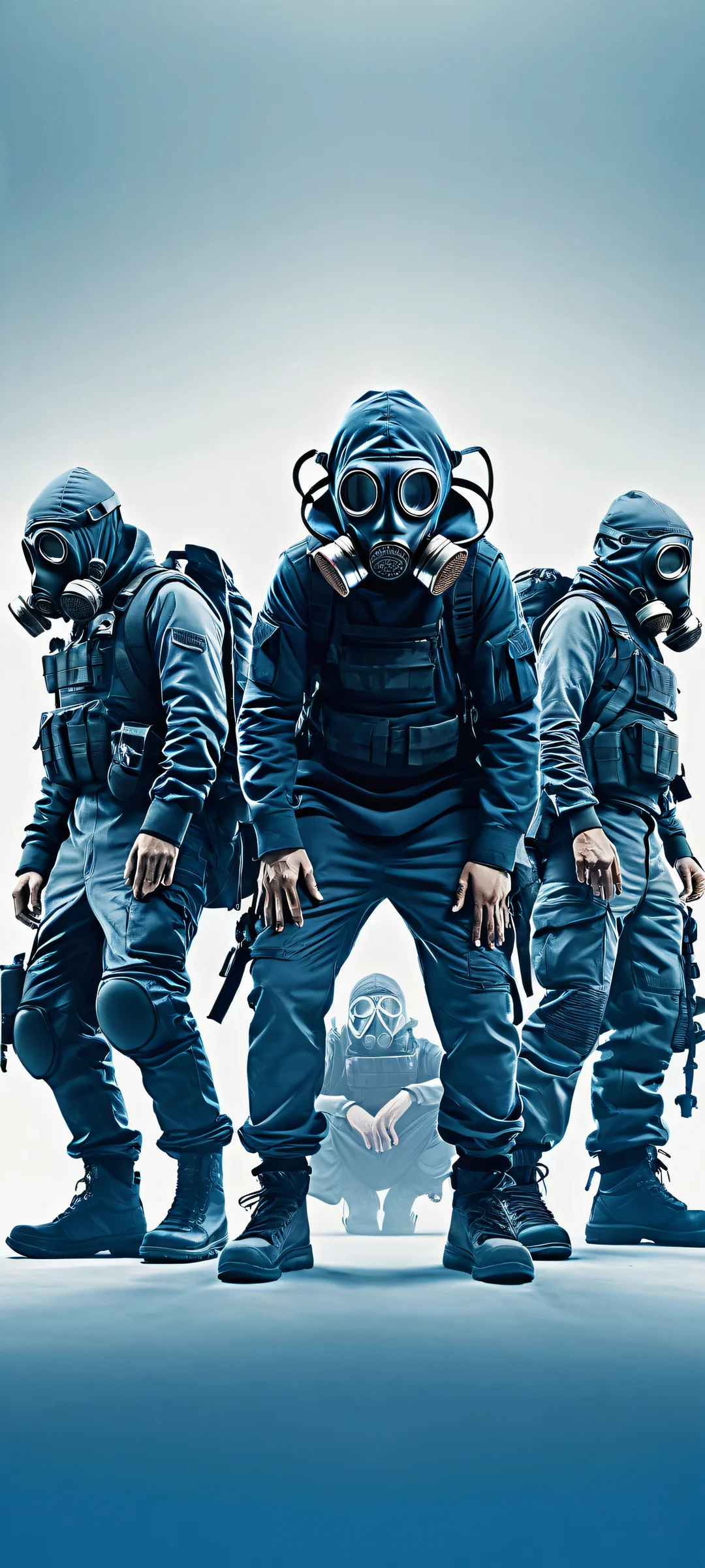 A stunning vertical portrait artwork of men in gas masks, perfectly optimized for iPhone and Android home screens with a vast pure void at the top and a blue background that references Linkin Park's album art.