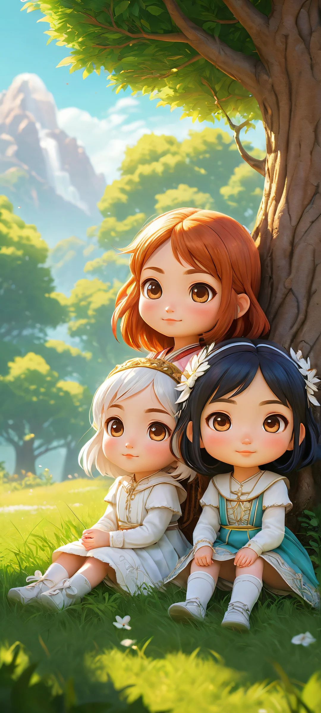 Two adorable chibi girls with intricate animal ears and hair details on a perfectly clean and empty background, ideal for iPhone or Android home screens.