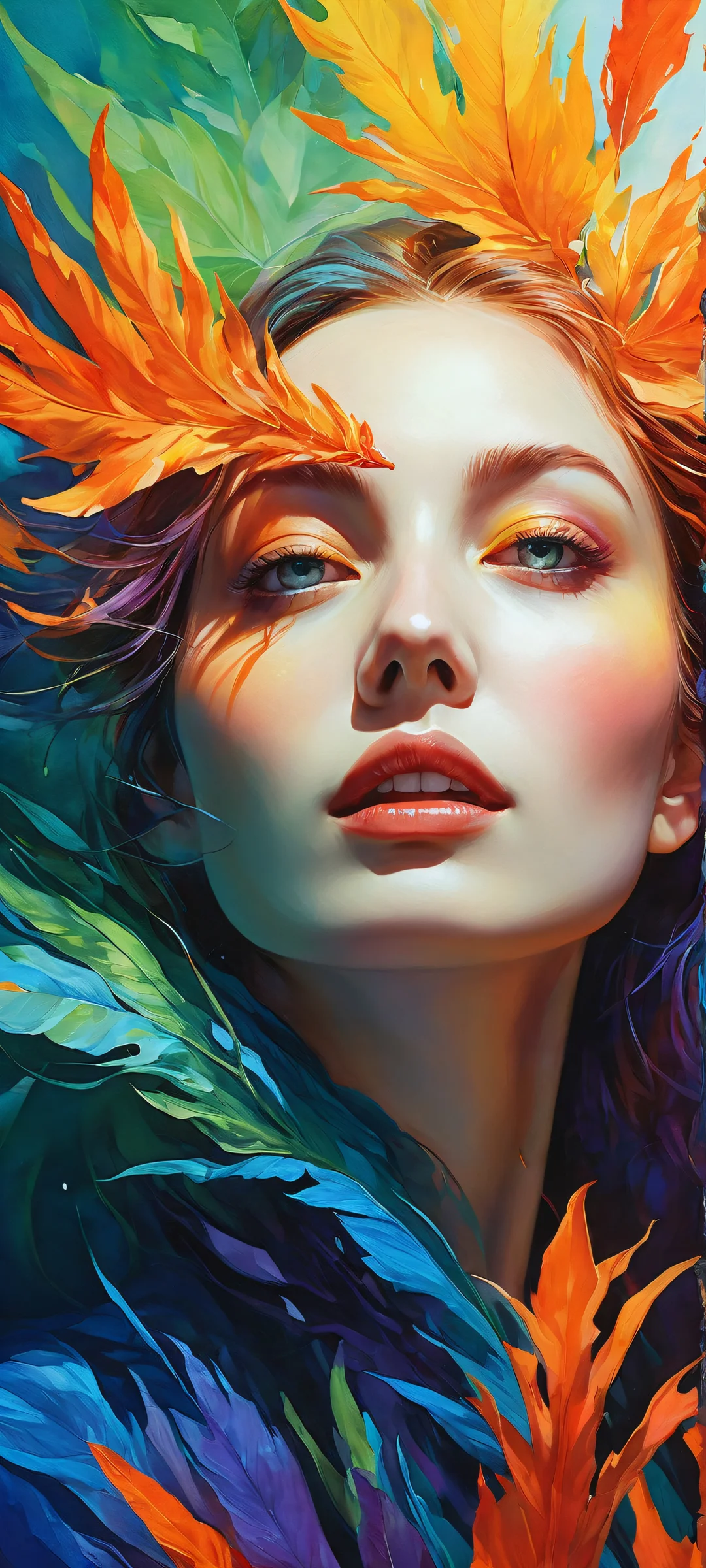 Stunning vertical portrait artwork of figures with intricate micro-details, set against a vibrant and textured background, perfectly optimized for iPhone/Android home screens.