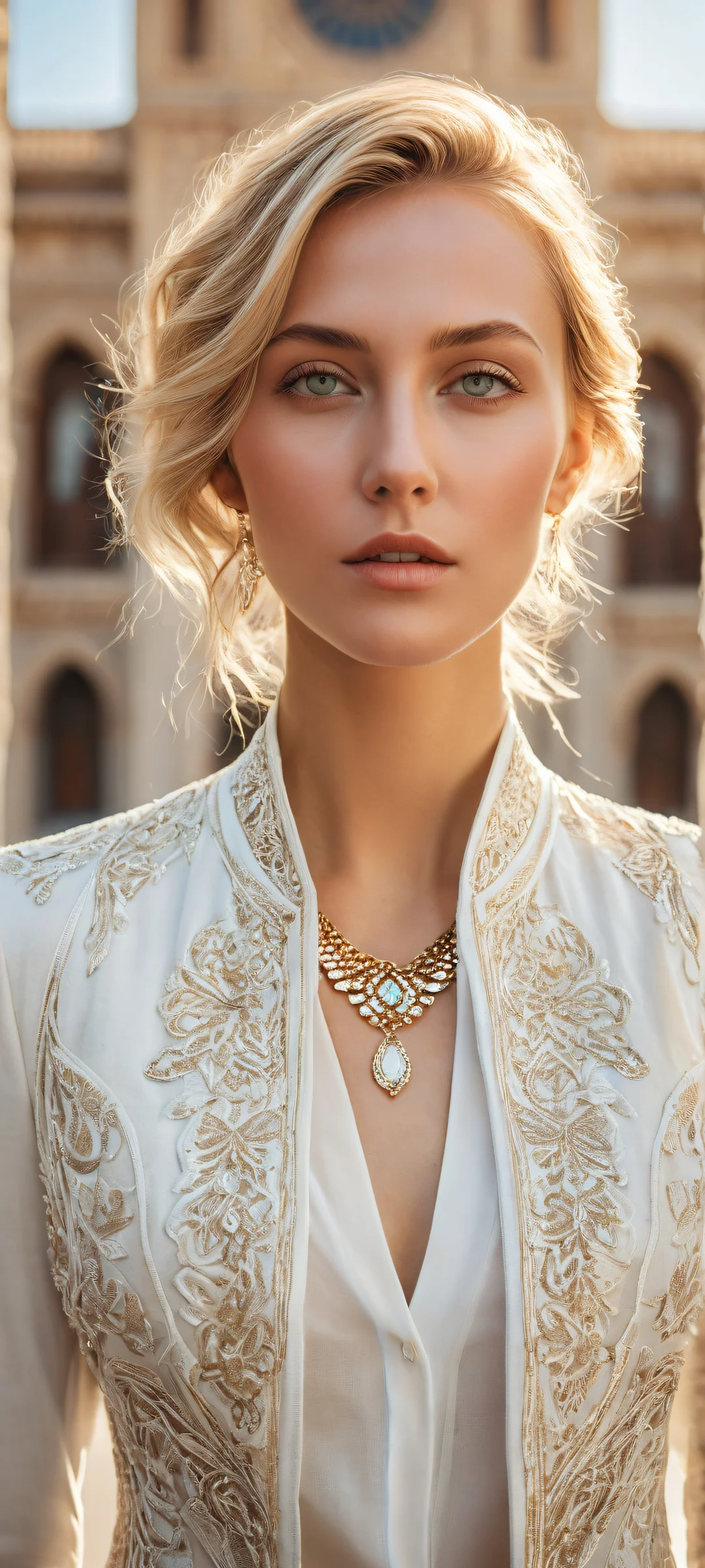 A stunning portrait of a blonde woman on an iPhone or Android phone, with intricate details and a vast empty space for UI breathing room.