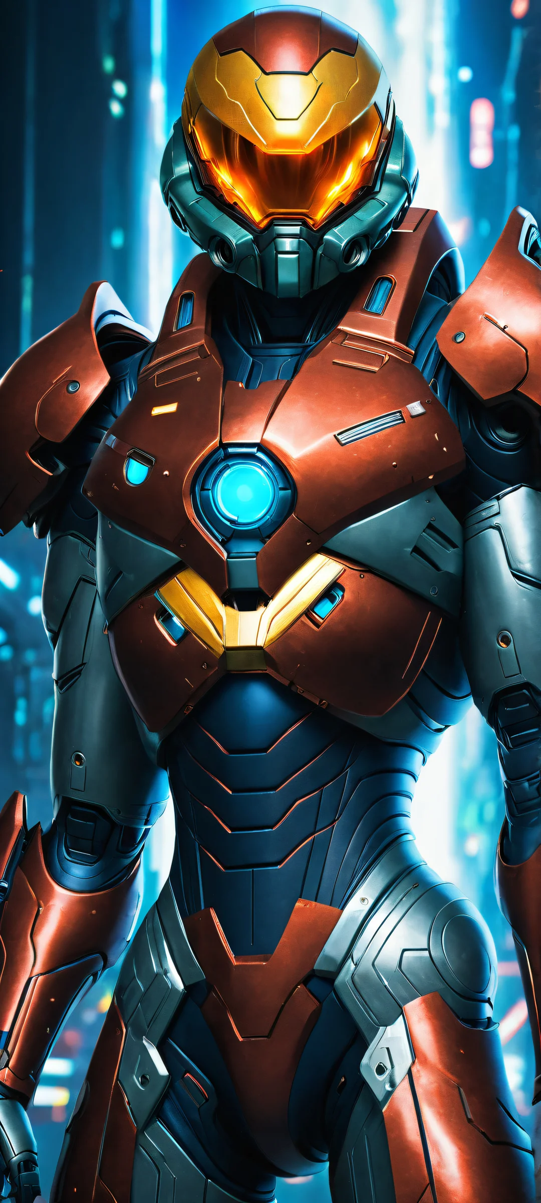 Breathtaking portrait of Samus Aran with incredible micro-details on her power armor and cannons, perfectly optimized for iPhone/Android home screens.
