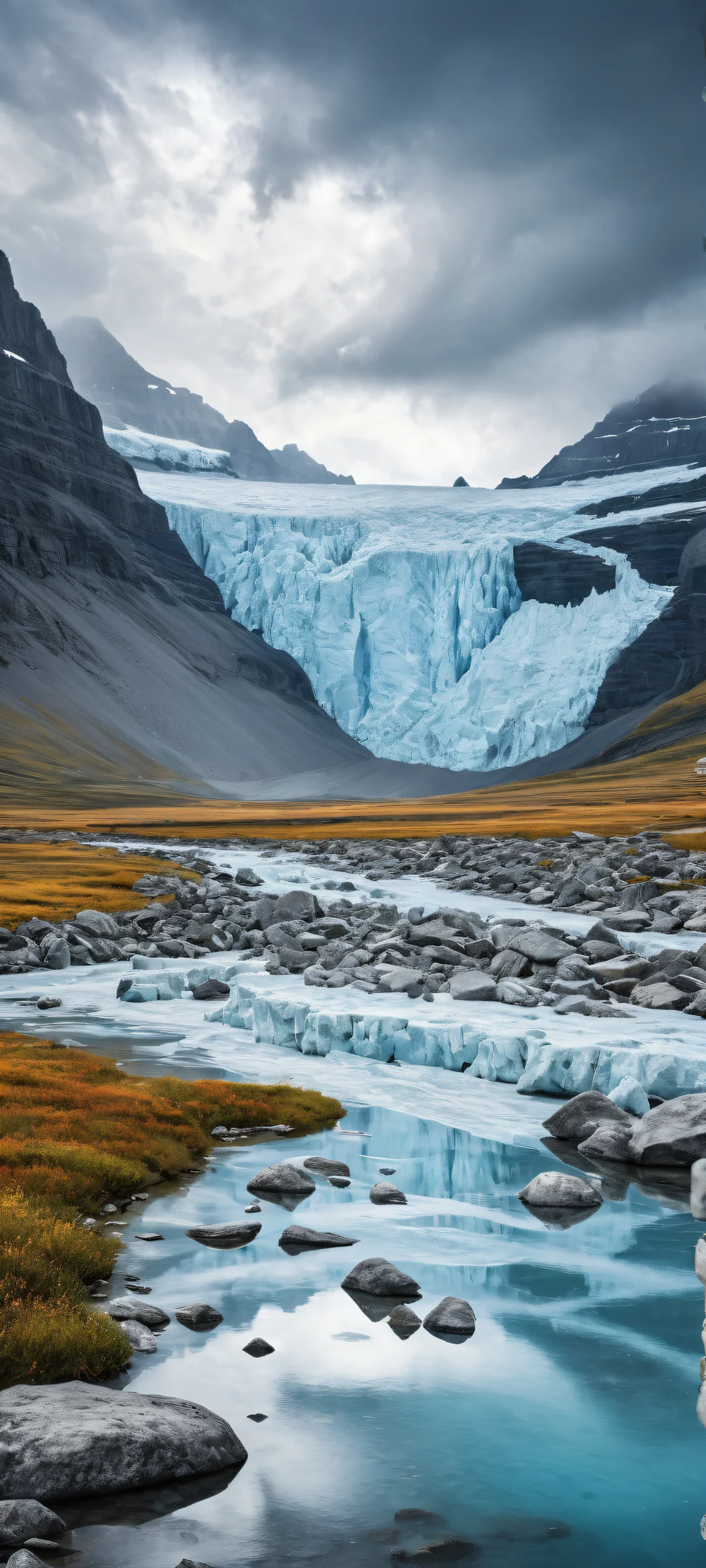 iPhoneとAndroidに対応 - A breathtaking digital artwork of glaciers on a prairie landscape with intricate details, set against a backdrop of rain clouds.