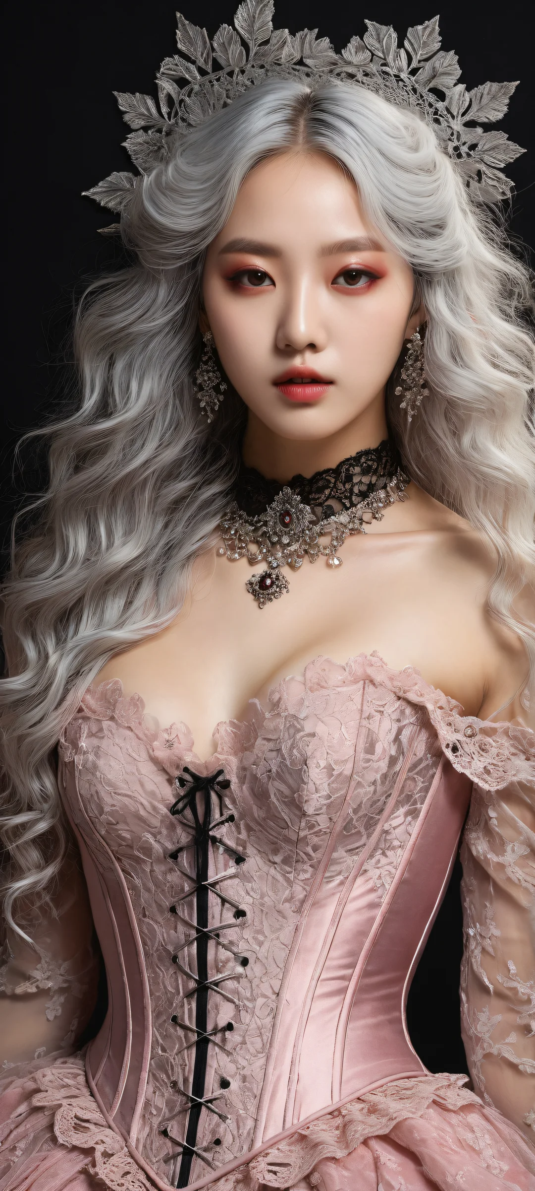 Breathtaking portrait of a K-pop idol with curly silver hair, black corset bindings, and a decaying renaissance dress, iPhone/Androidのホーム画面に完全に最適化.