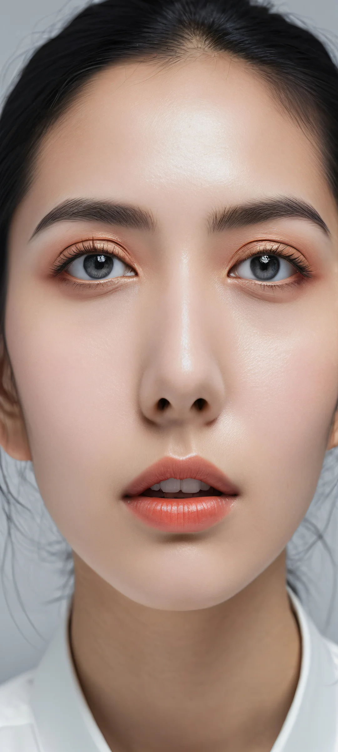 A stunning portrait of a figure with closed mouth and black hair and eyes on an iPhone or Android, featuring perfect lighting and micro-details.