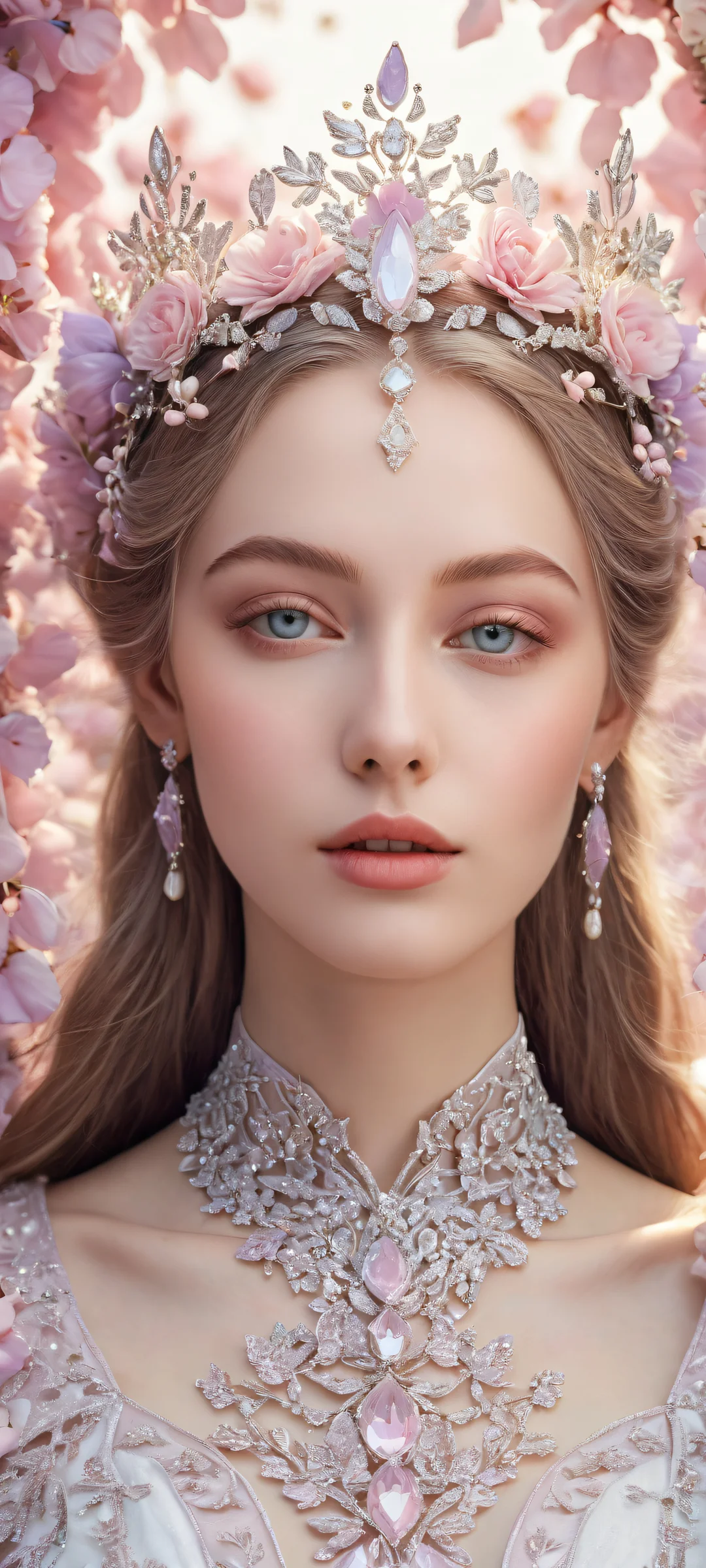 A serene teen pale princess on a beautiful BioInk dress background for iPhone and Android mobile wallpapers.