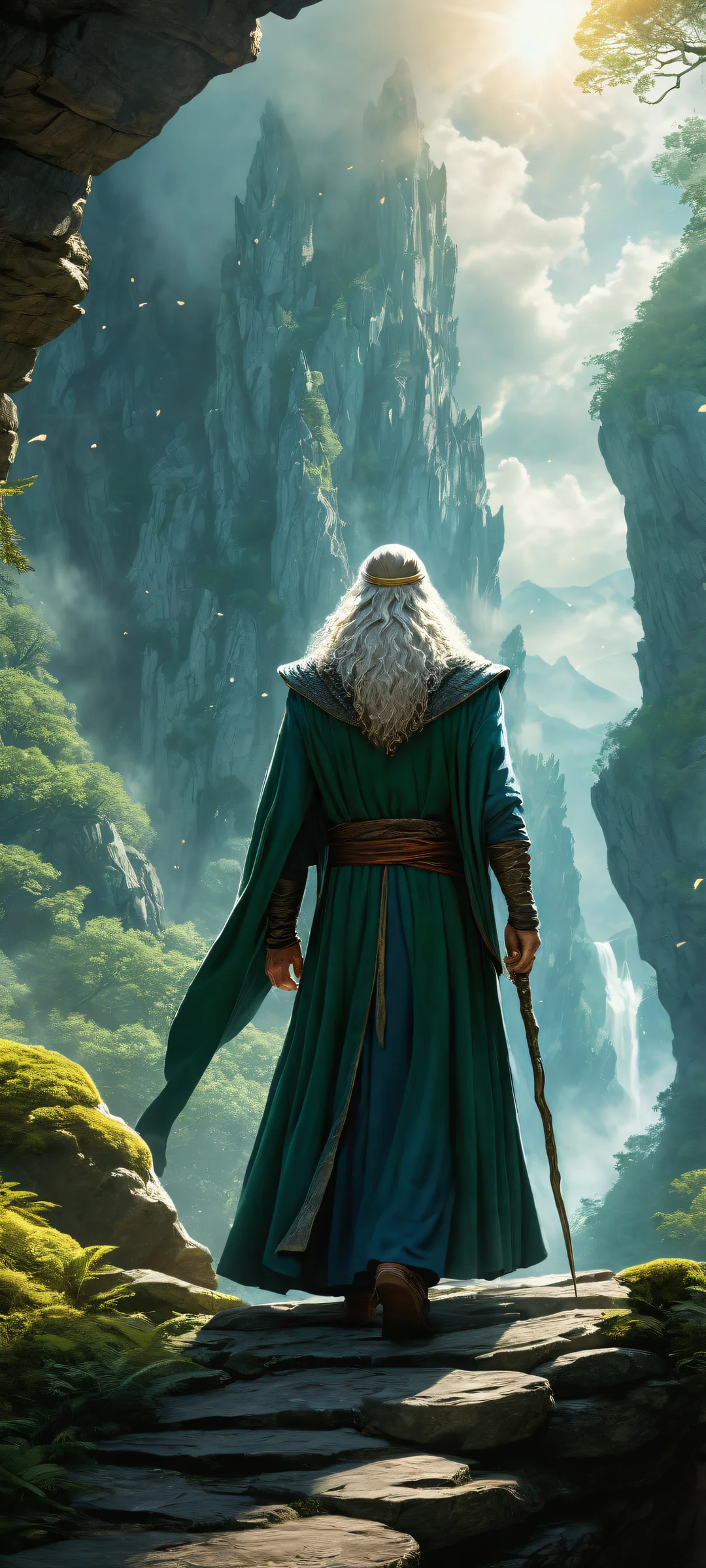 A robed wizard amidst a magical burst and flying cloak, perfectly clean top half with vast void, surrounded by dark forest and atmospheric lighting on iPhone/Android.