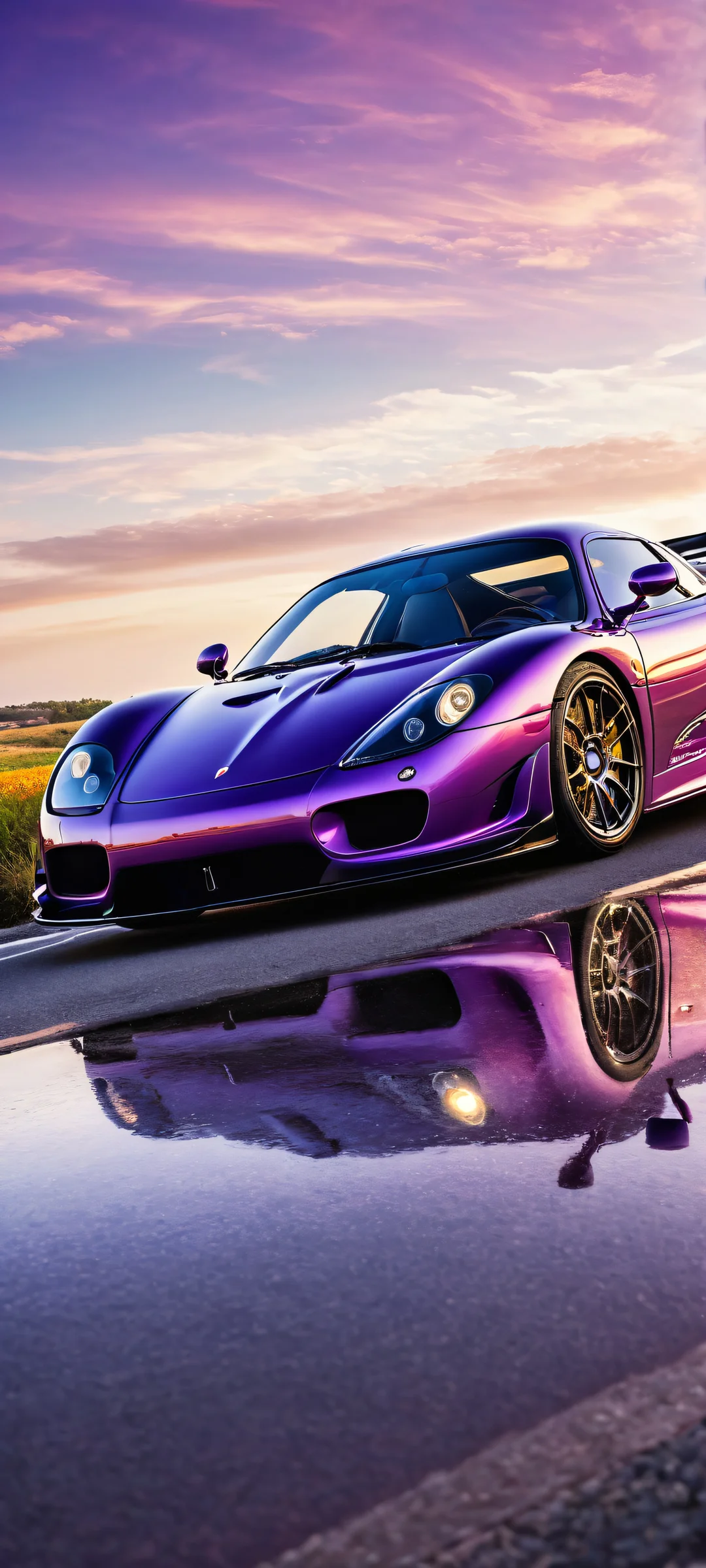 A noble M600 car in a serene landscape with fluffy white clouds and vibrant purple hues on an iPhone/Android mobile device