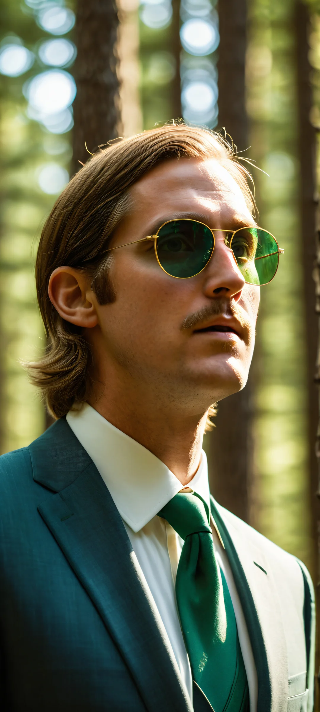 Link in sunglasses and suit tie against a vast void with Lost Woods forest canopy in the background, iPhone/Androïde