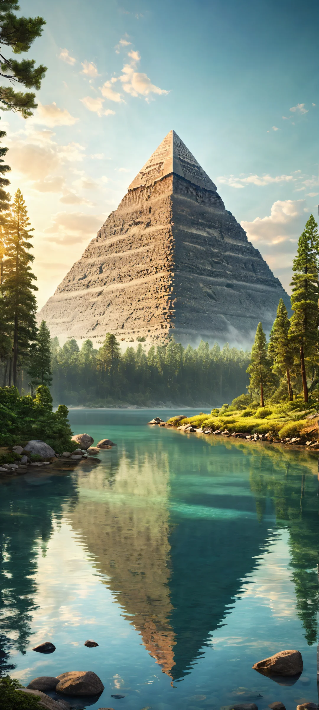A majestic pyramid sits amidst forest trees and river waterways on a serene landscape. Perfect for iPhone/Android home screens.
