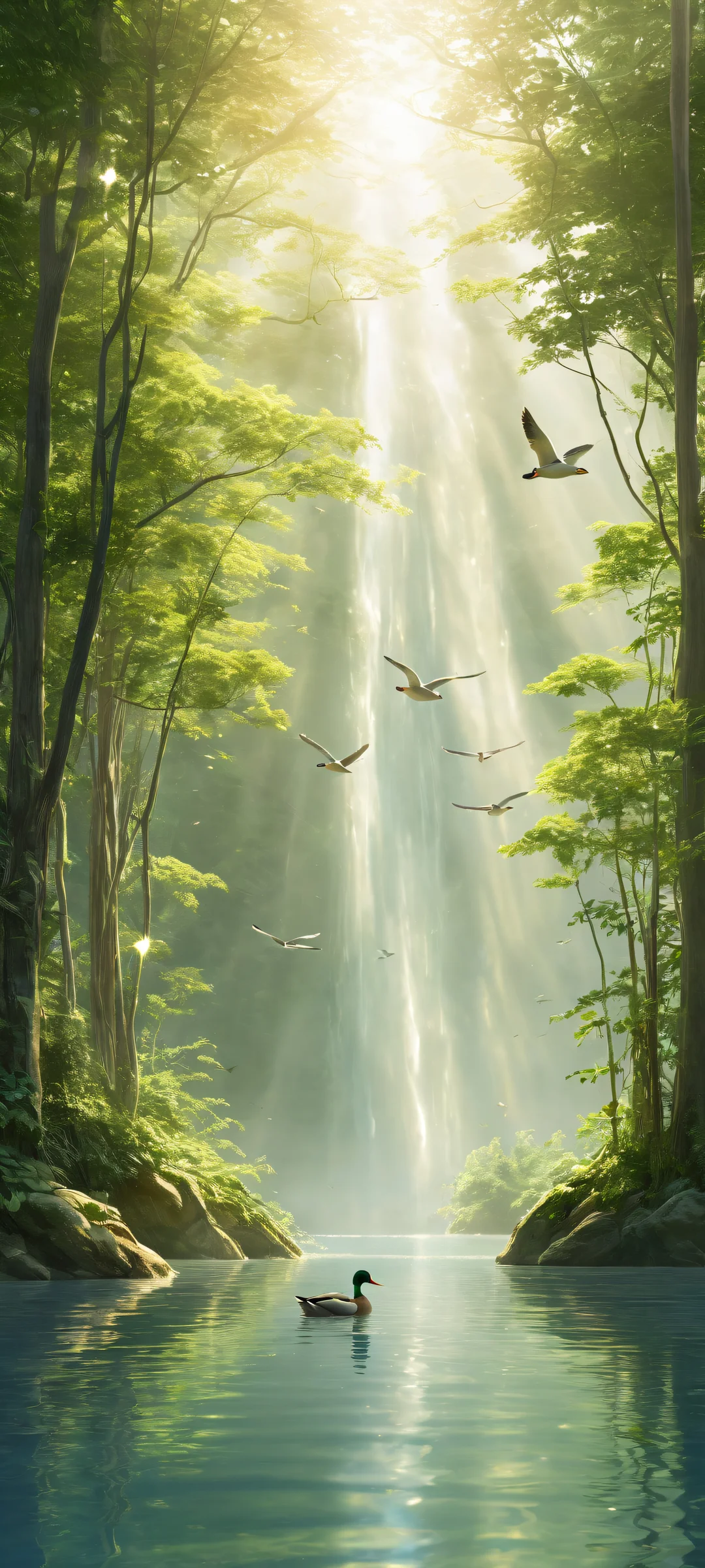 Ethereal Quackers Lock Screen for iOS & アンドロイドiPhone と Android のホーム画面に完全に最適化 A flock of intricately detailed ducks in slow motion on a peaceful green background, perfectly optimized for iPhone and Android home screens.