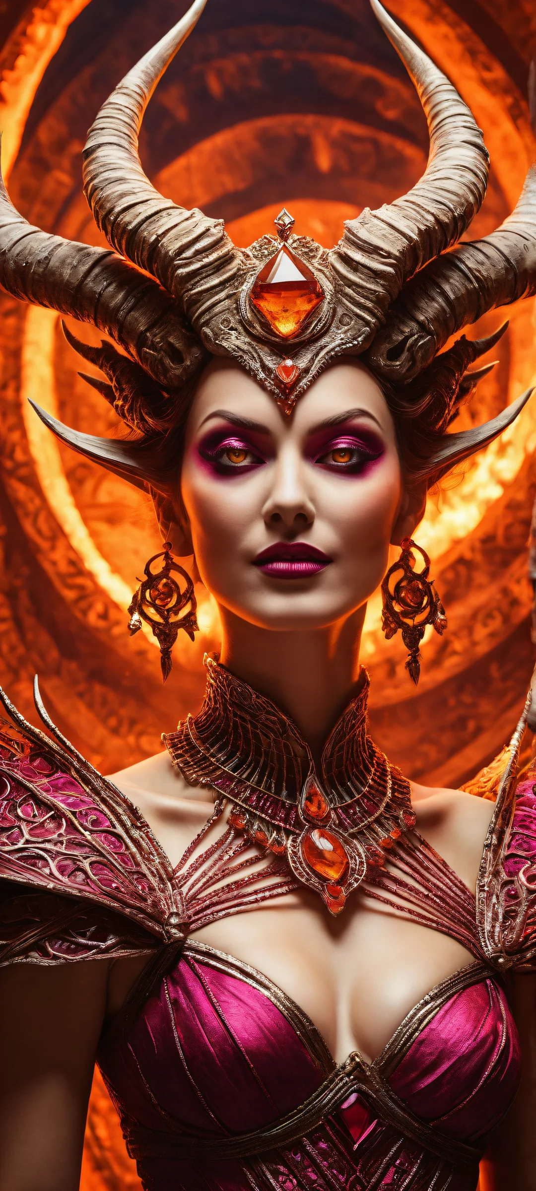 The horned queen's maniacal smile and twisted horns, set against a burning apocalyptic chasm, perfectly optimized for iPhone/Android home screens.