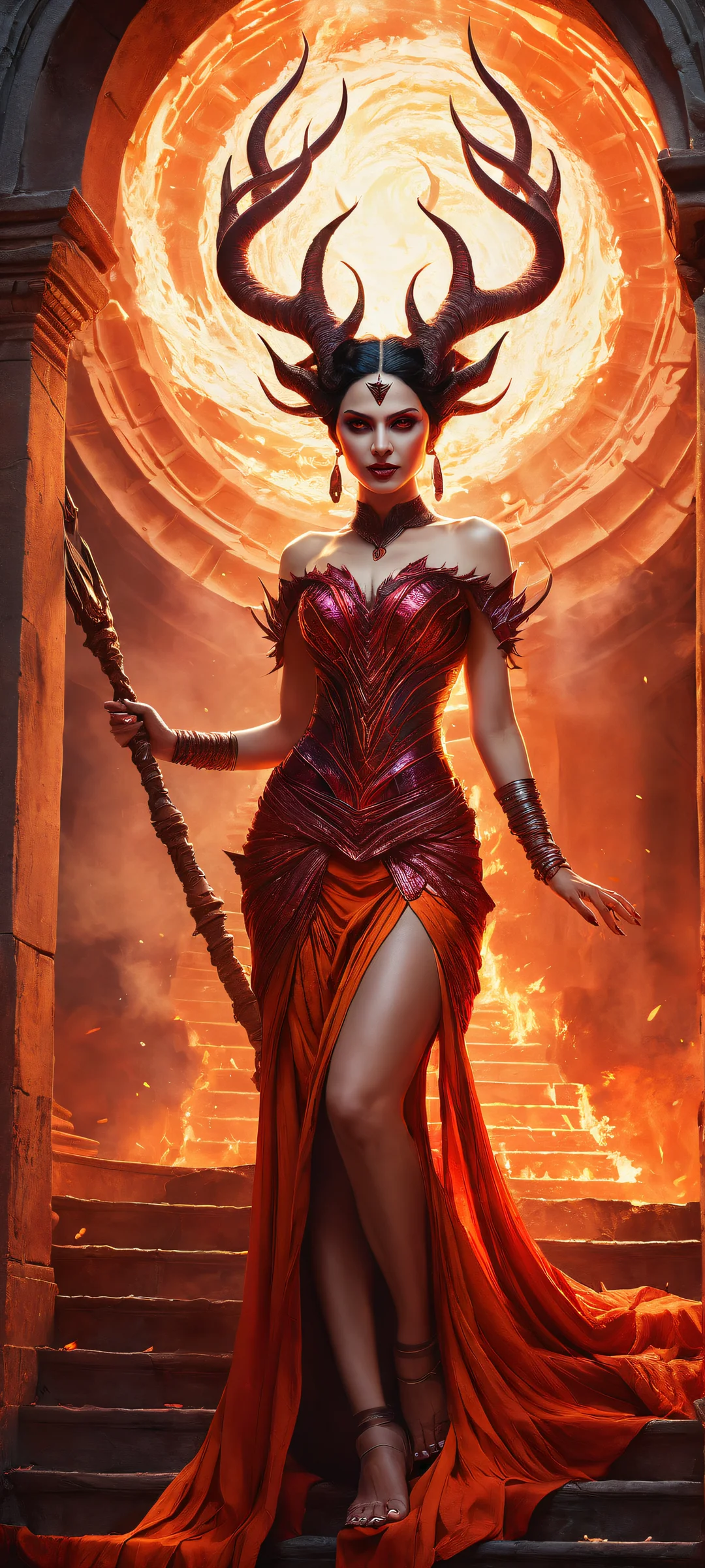 A hauntingly beautiful portrait of a horned queen standing on a crumbling spiral staircase overlooking a burning chasm. Perfecto para pantallas de inicio de iPhone/Android.