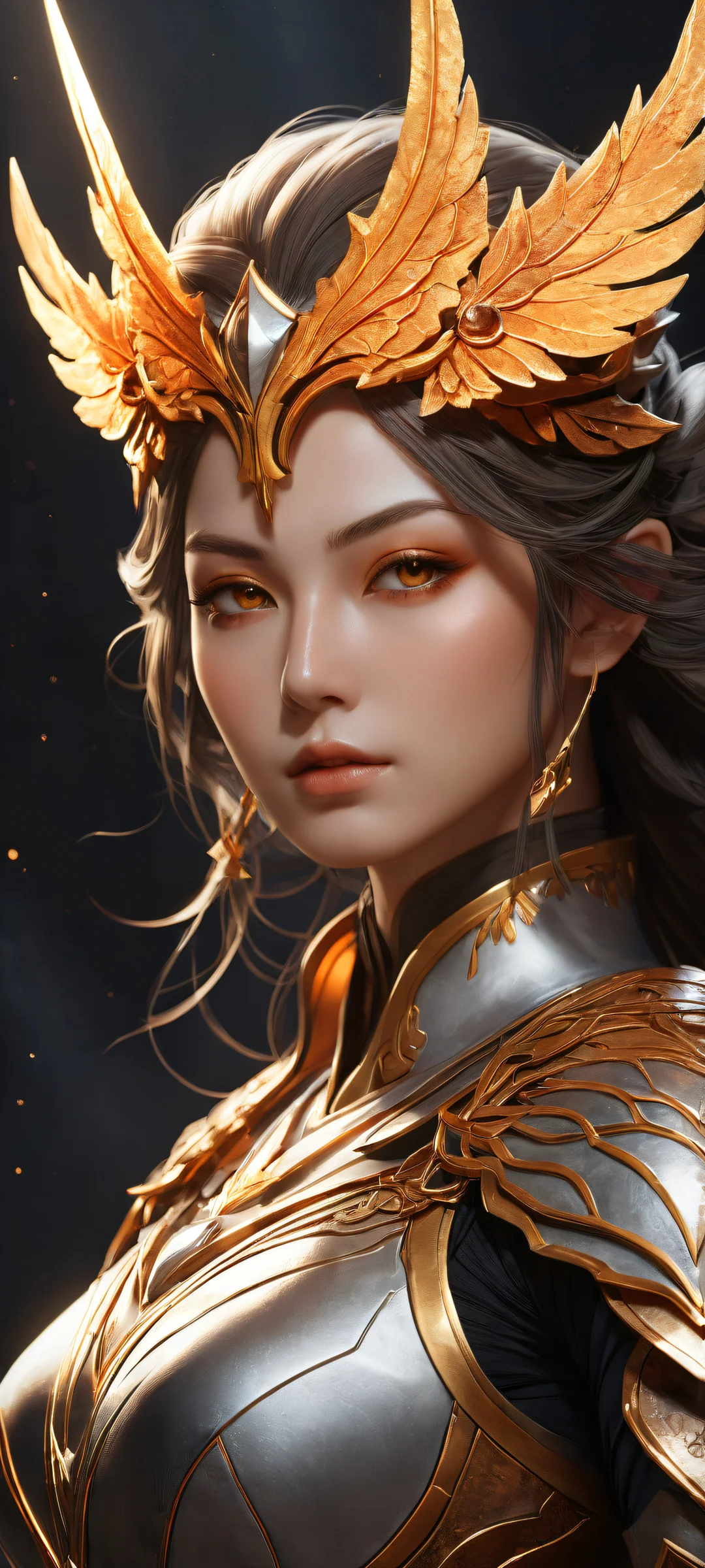 Ethereal Quest iPhone & Papel de parede Android A lone adventurer stands out against a darkened backdrop, her amber-tinted armor and mystical abilities shining on an iPhone or Android phone.