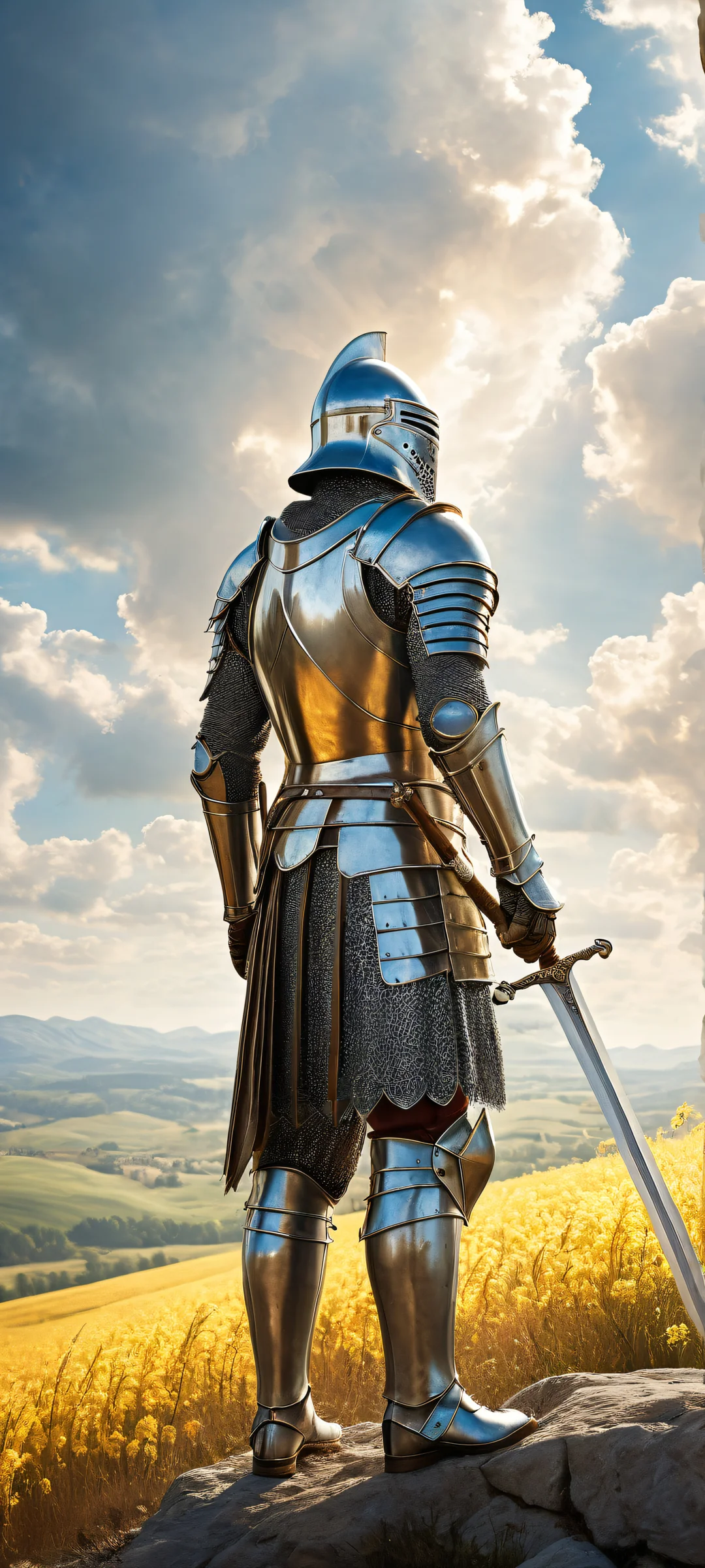 A medieval knight stands proudly in the lower middle against a serene landscape of rolling clouds and endless fields, perfekt für iPhone/Android-Startbildschirme.