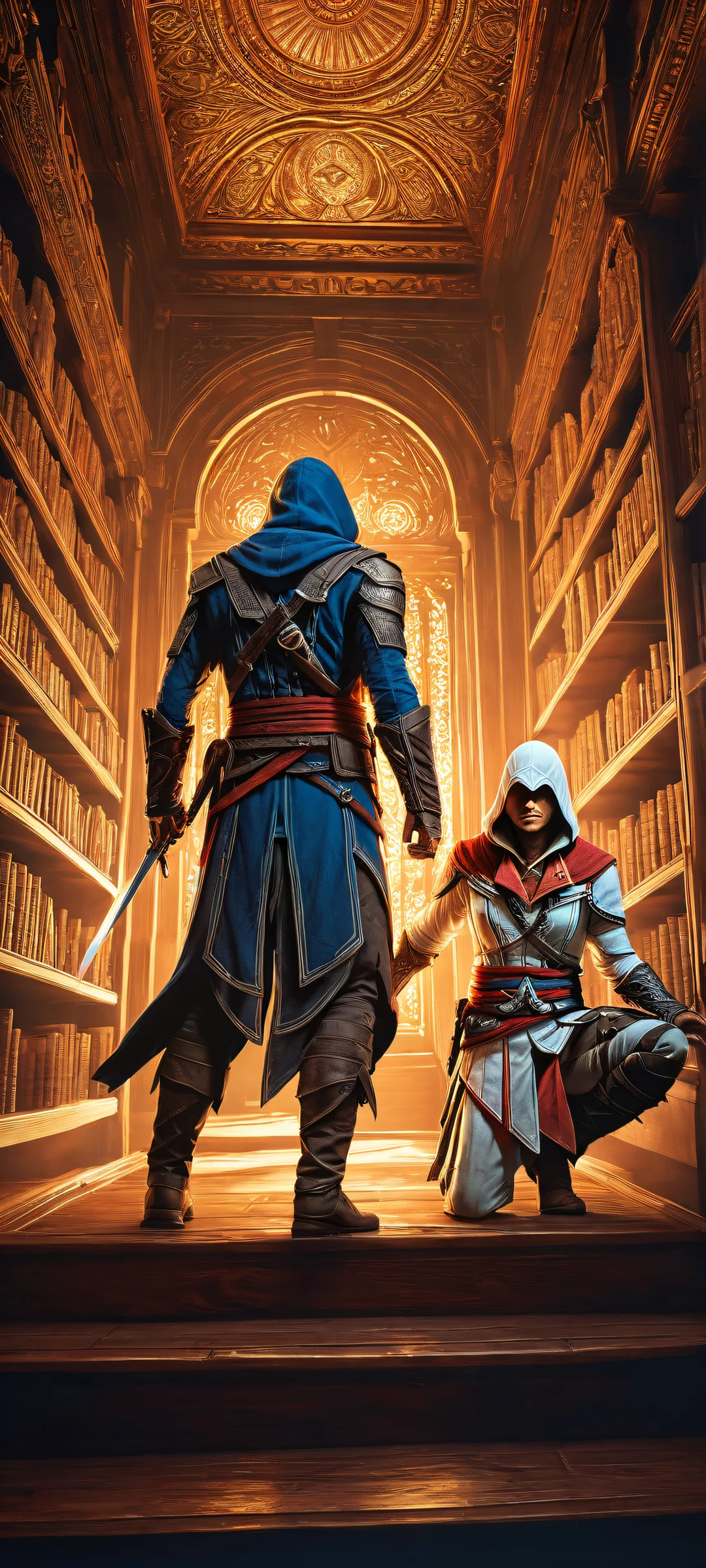 Ethereal Quest iPhone & Android-Hintergrundbildperfekt optimiert für iPhone/Android-Startbildschirme Two Assassin's Creed characters with intricate sword designs and ornate library scene on a pure void background, perfectly optimized for iPhone/Android home screens.