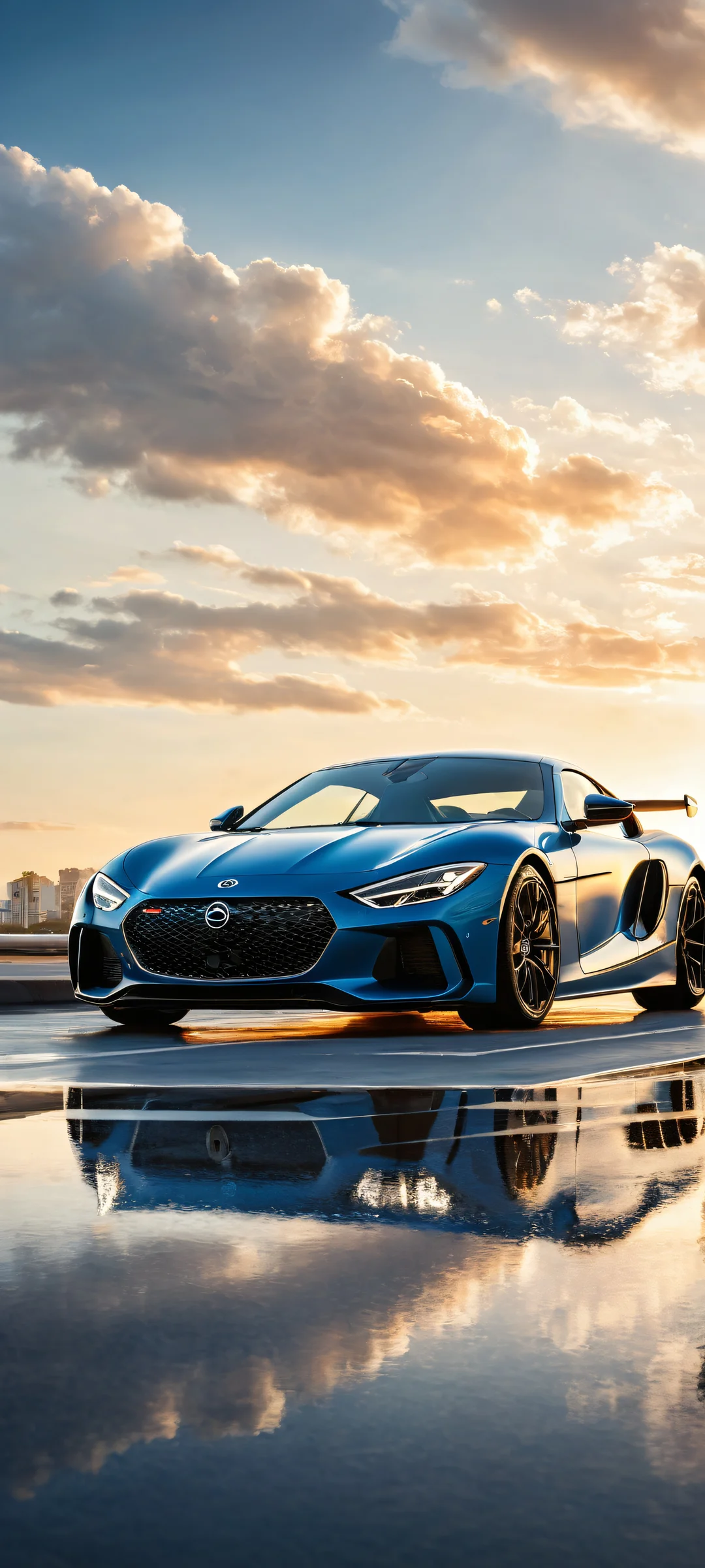 A stunning vertical portrait of a high-performance car placed in the lower-middle with intricate details and reflections, perfectly clean top half for seamless UI integration. Ideal for iPhone/Android home screens.