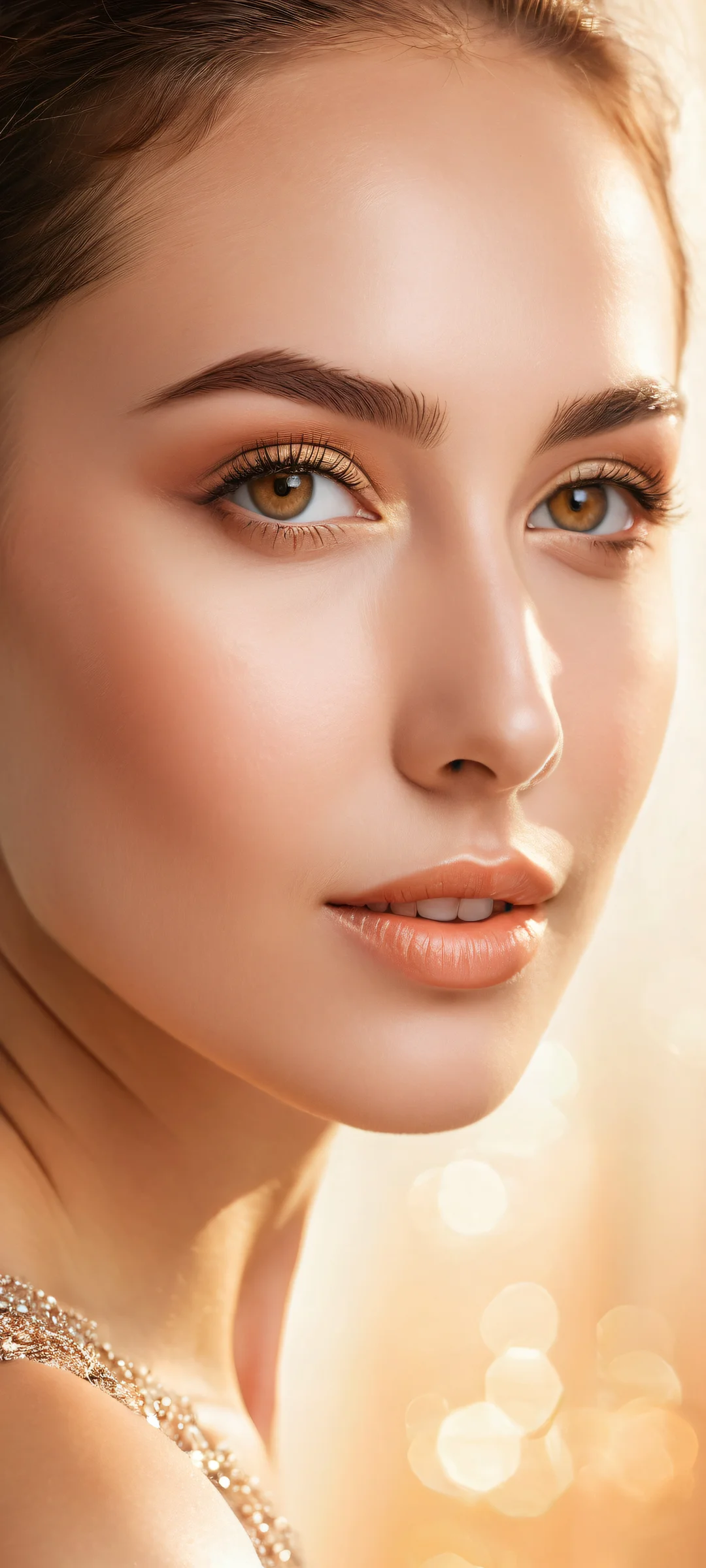 A captivating woman with striking eyelashes and radiant smile on iPhone/Android. Micro-details of her eye makeup invite the viewer to gaze into her warm and inviting gaze.