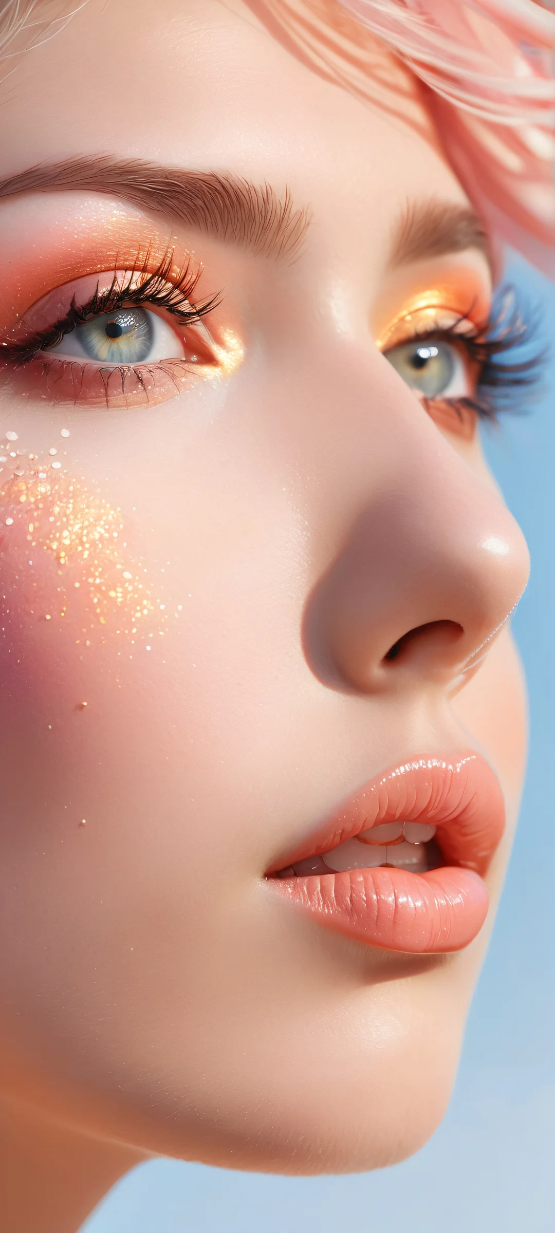 A lifelike anime woman with intricate micro-details on her face and torso, perfectly placed in the lower-middle of a vast pure void, with iPhone/Android users getting to experience this breathtaking digital art.