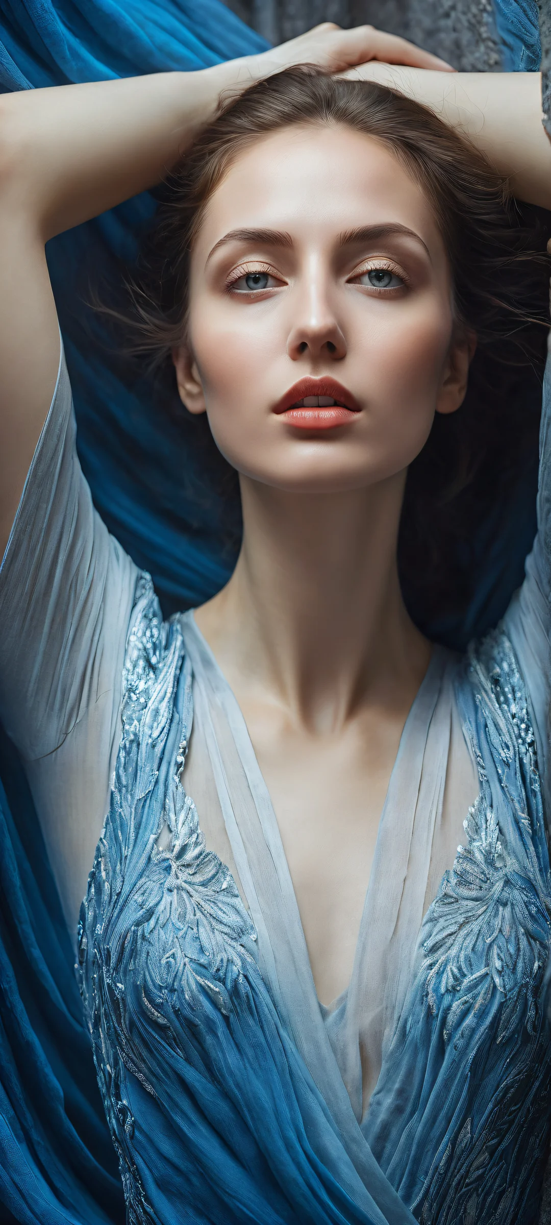 Breathtaking portrait artwork of a young woman on an iPhone or Android device, with pure void and micro-details.