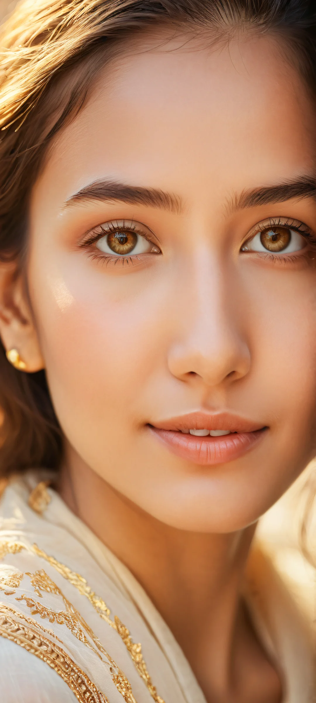 Beautiful young girl with radiant smile, iPhone/Android wallpaper, stunning eyes, intricate eyelashes, golden haze, and warm lighting.
