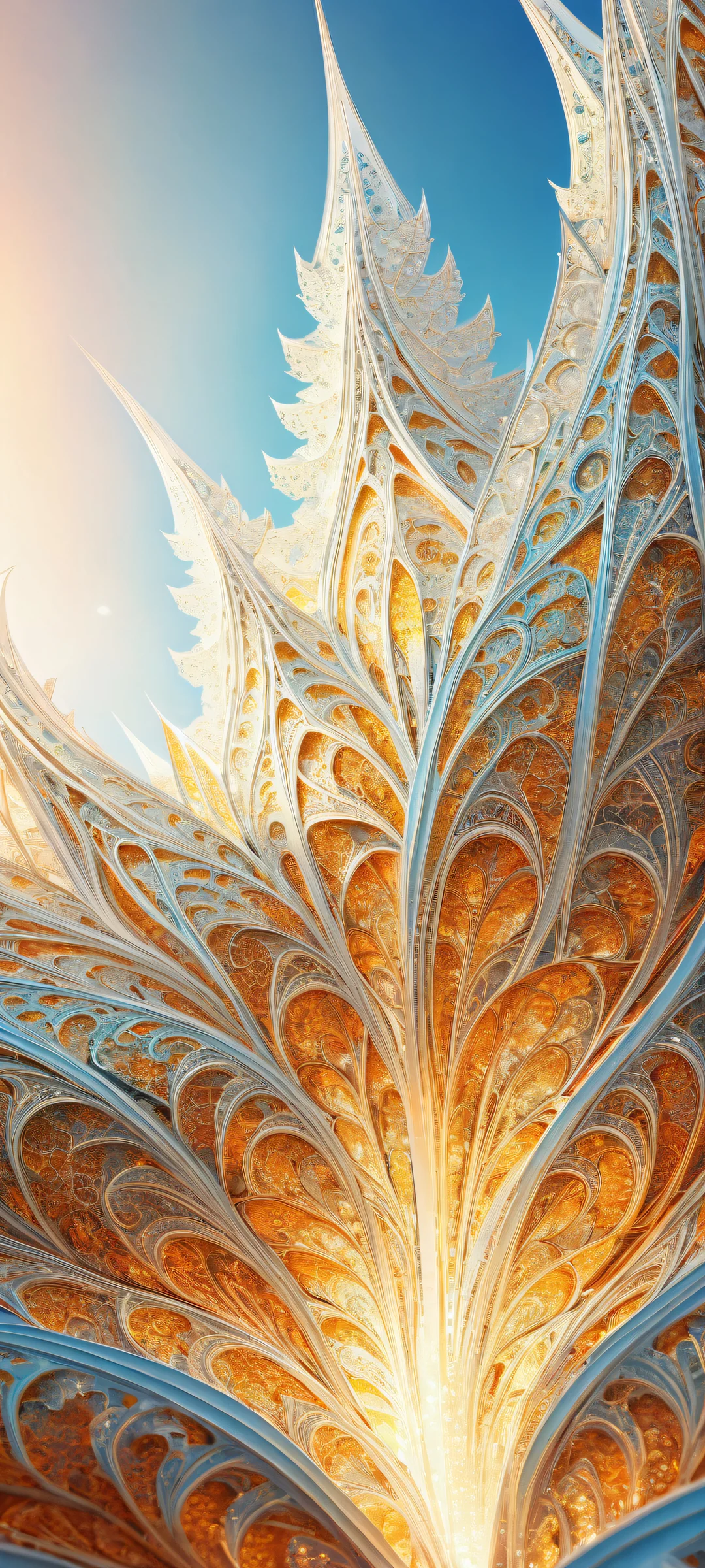 iPhone and Android portrait wallpaper featuring a breathtaking fractal pattern with radiant colors and ray-traced reflections, ホーム画面に最適.