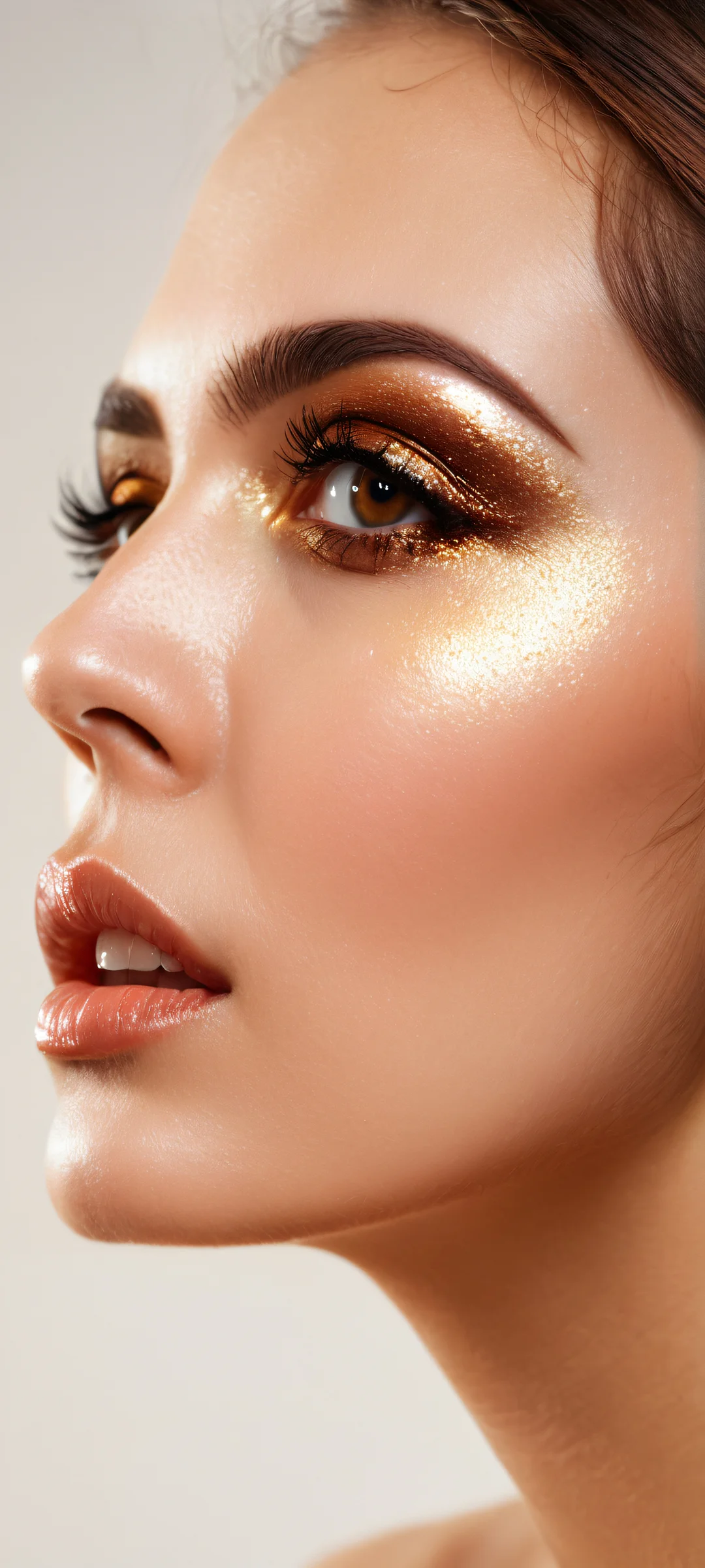 A portrait of Nurettin Yildirim's subject looking away with intricate brown eye makeup details, perfectly clean and empty top half for seamless iPhone/Android UI placement.