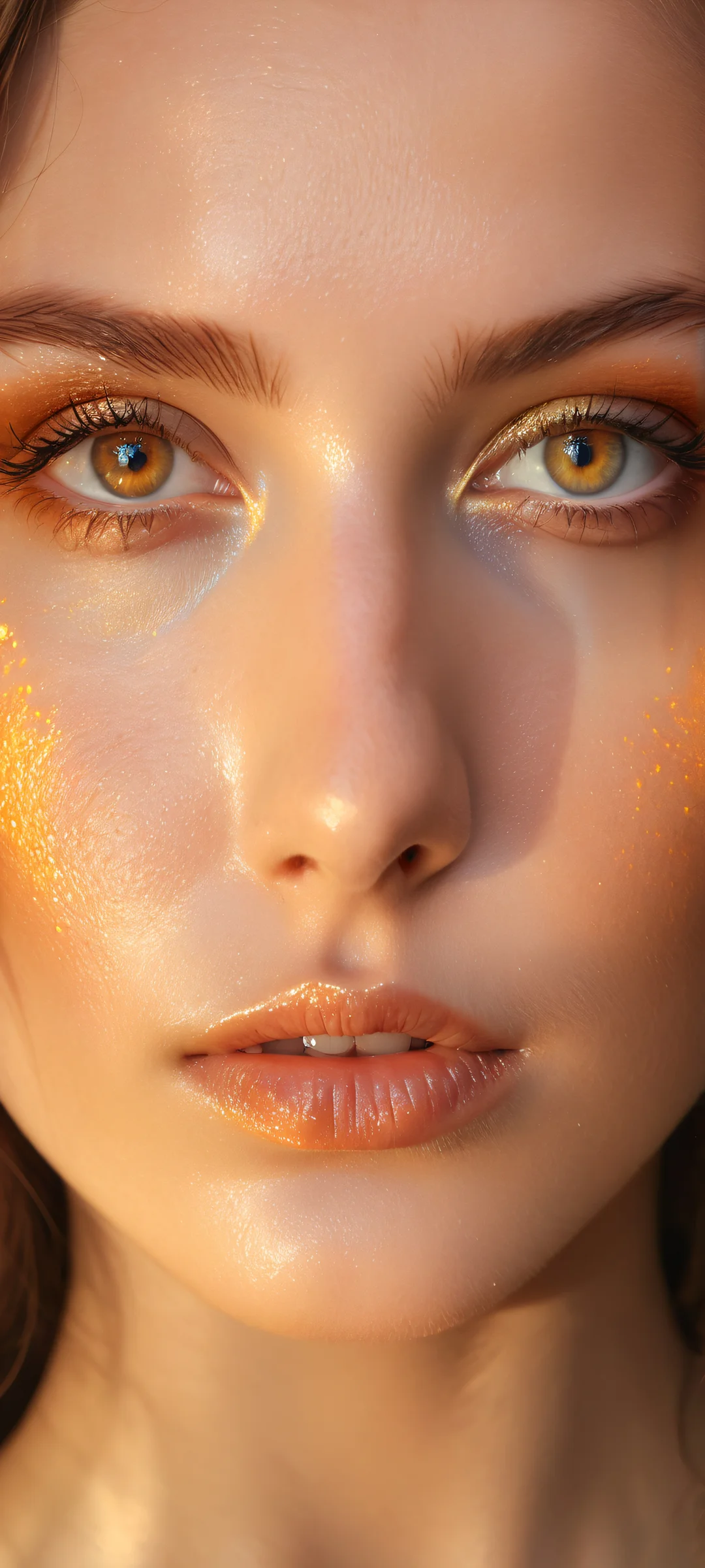 Ethereal Radiance 2K Phone Wallpaper Beautiful young woman with piercing amber eyes, serene and radiant digital art for iPhone/Android home screens.