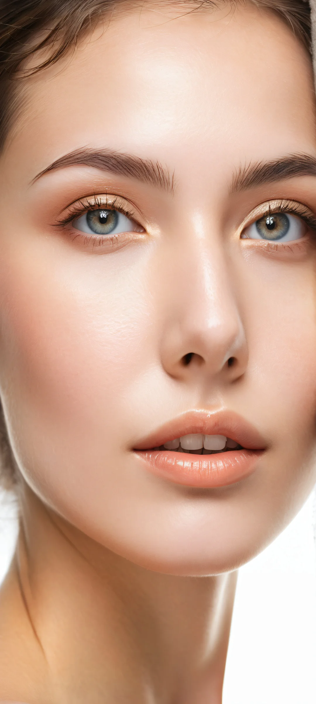 A serene young woman's portrait on iPhone/Android, with intricate facial features and radiant skin, inviting you to gaze into her eyes.