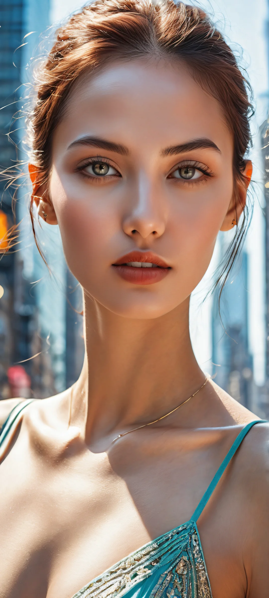 Stunning female portrait with intricate details and ethereal cityscape on iPhone/Android