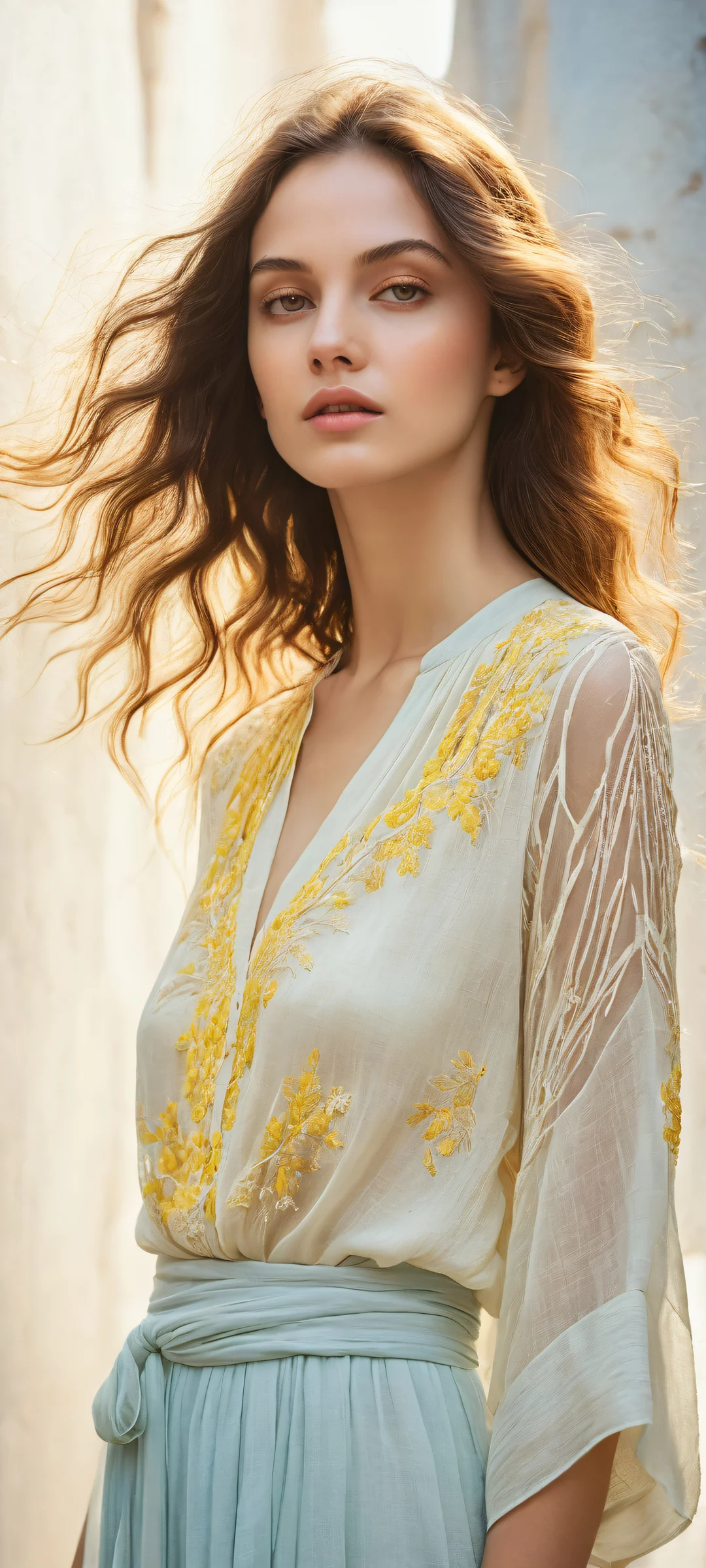 A serene woman in a flowing blouse, set against a pure void background, perfectly optimized for iPhone and Android home screens.